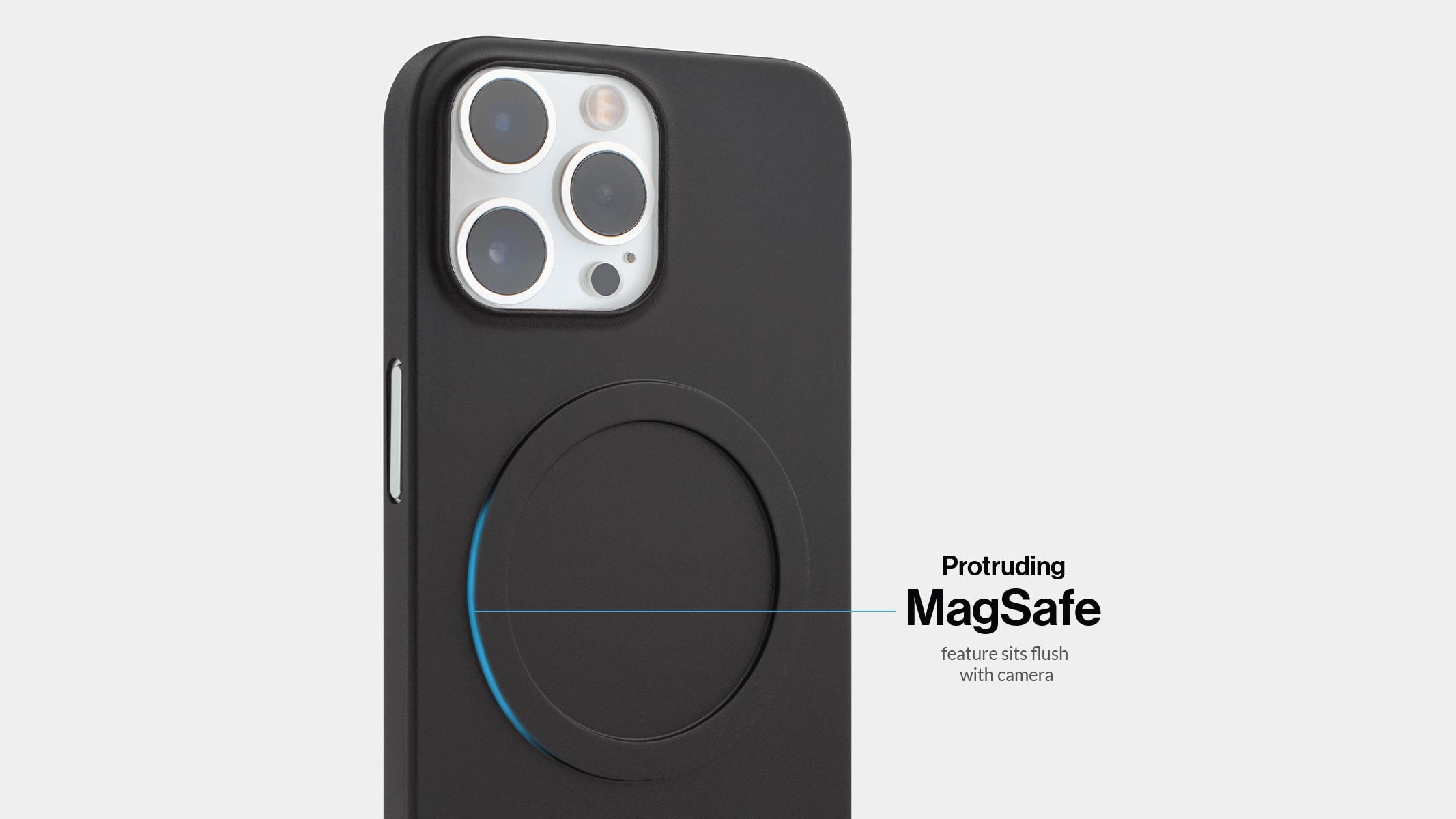 Silver iPhone 14 Pro Max in Totallee's MagSafe case with the tagline "Protruding MagSAfe features sit flush with the camera"