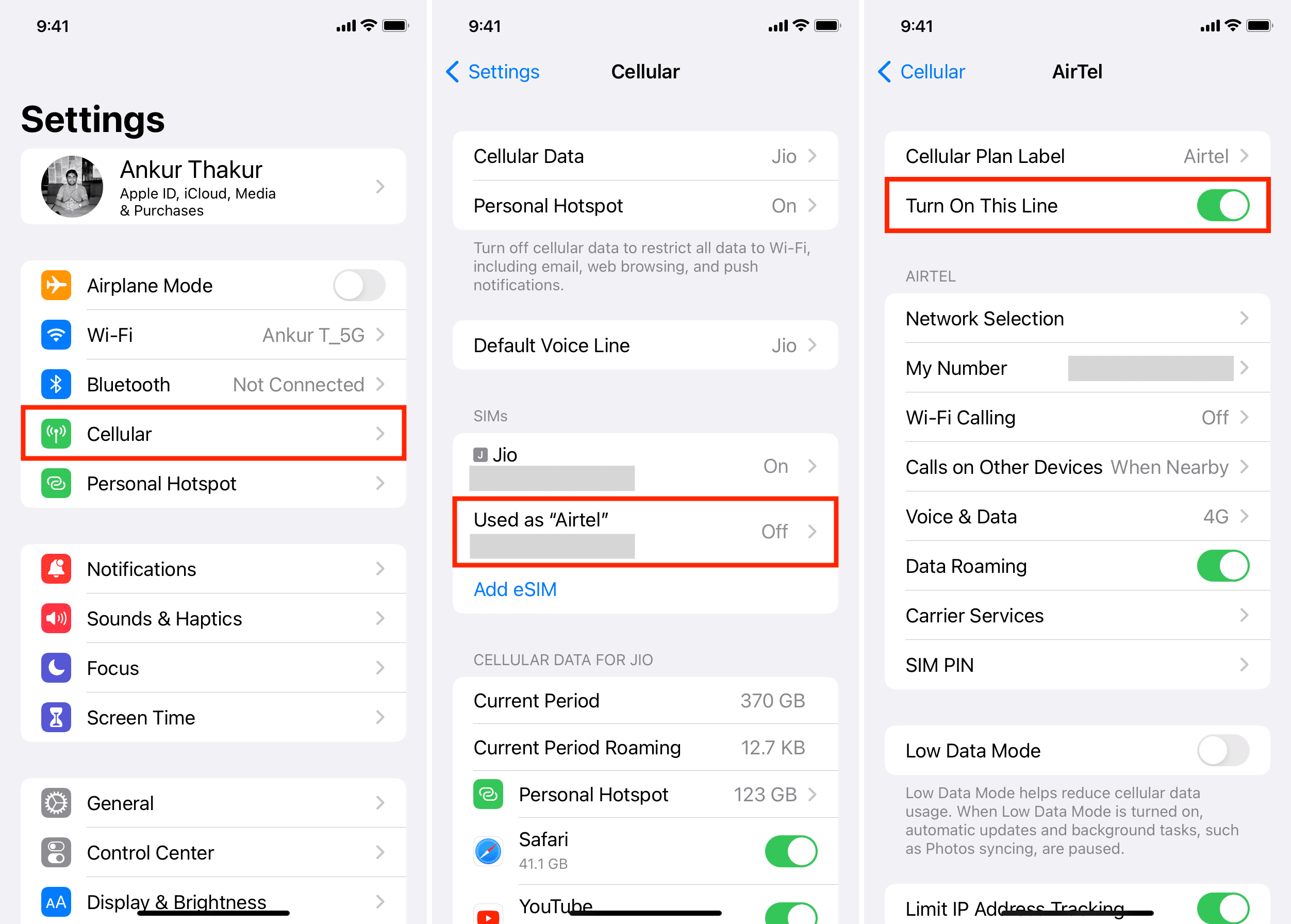 Turn On This Line from iPhone Cellular settings