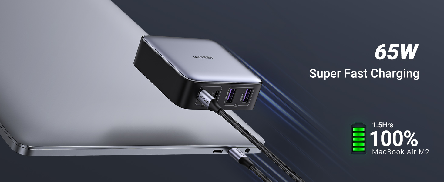 Promotional image showcasing Ugreen's four-port 65W desktop charger connected to MacBook Air