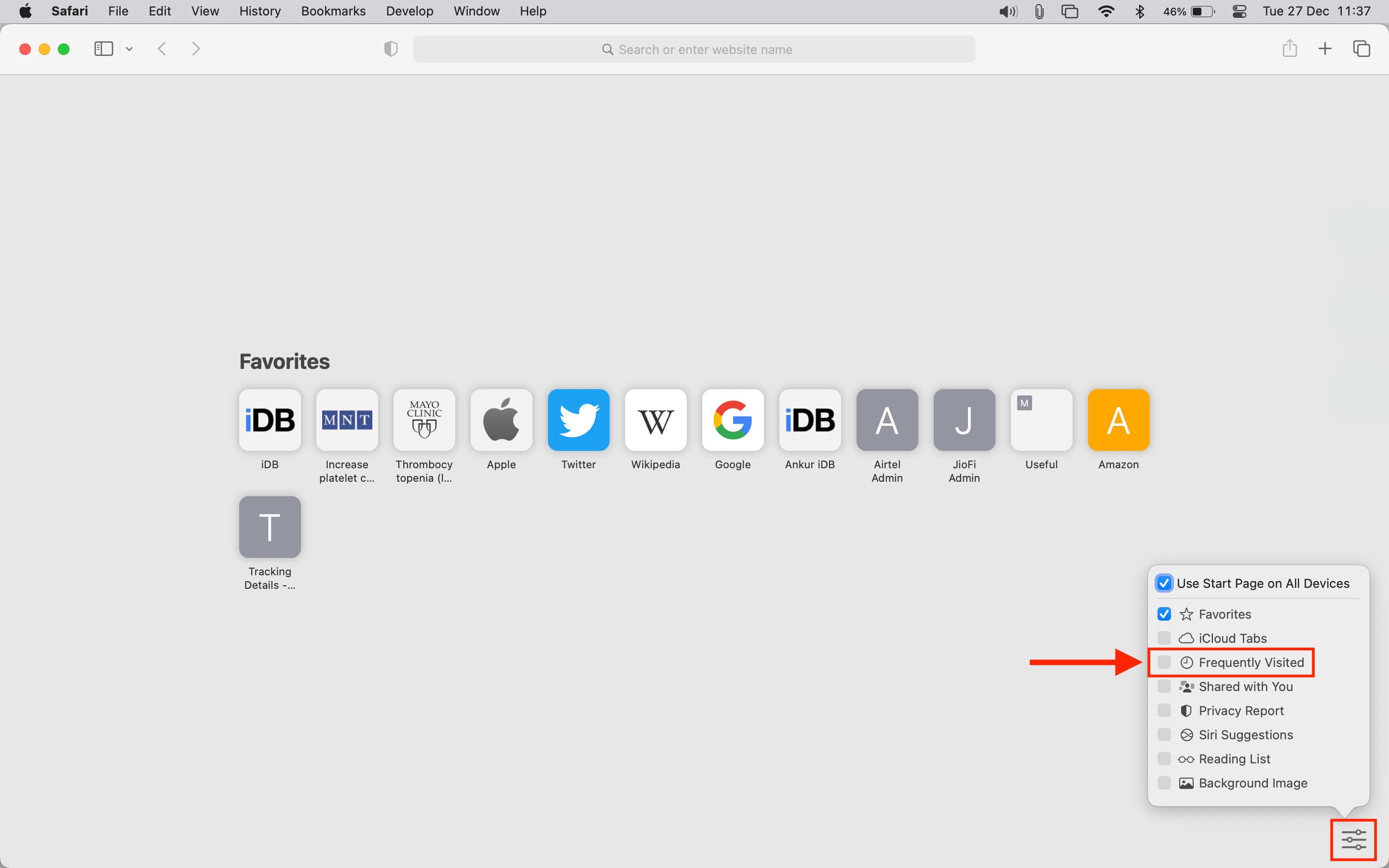 Uncheck Frequently Visited in Safari on Mac