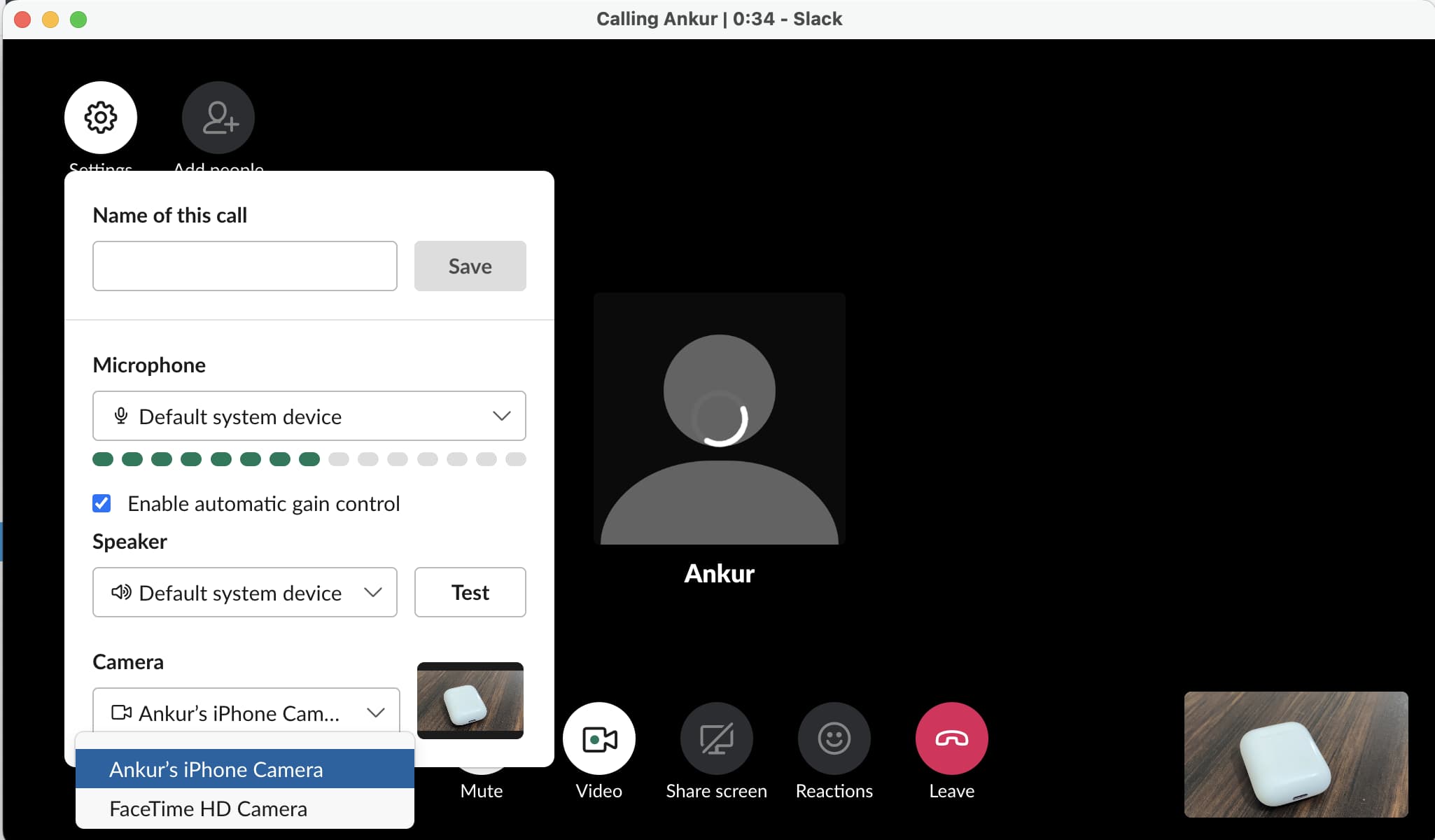 Verwenden Sie das iPhone während eines Videoanrufs in Slack auf dem Mac als Webcam