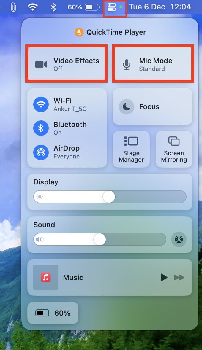 Video Effects and Mic Mode in Mac Control Center while using iPhone Continuity Camera