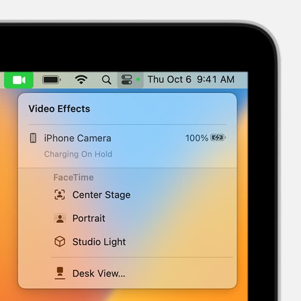 Videoeffekte wie Center Stage, Portrait, Studio Light und Desk View im Mac Control Center bei Verwendung der iPhone Continuity Camera