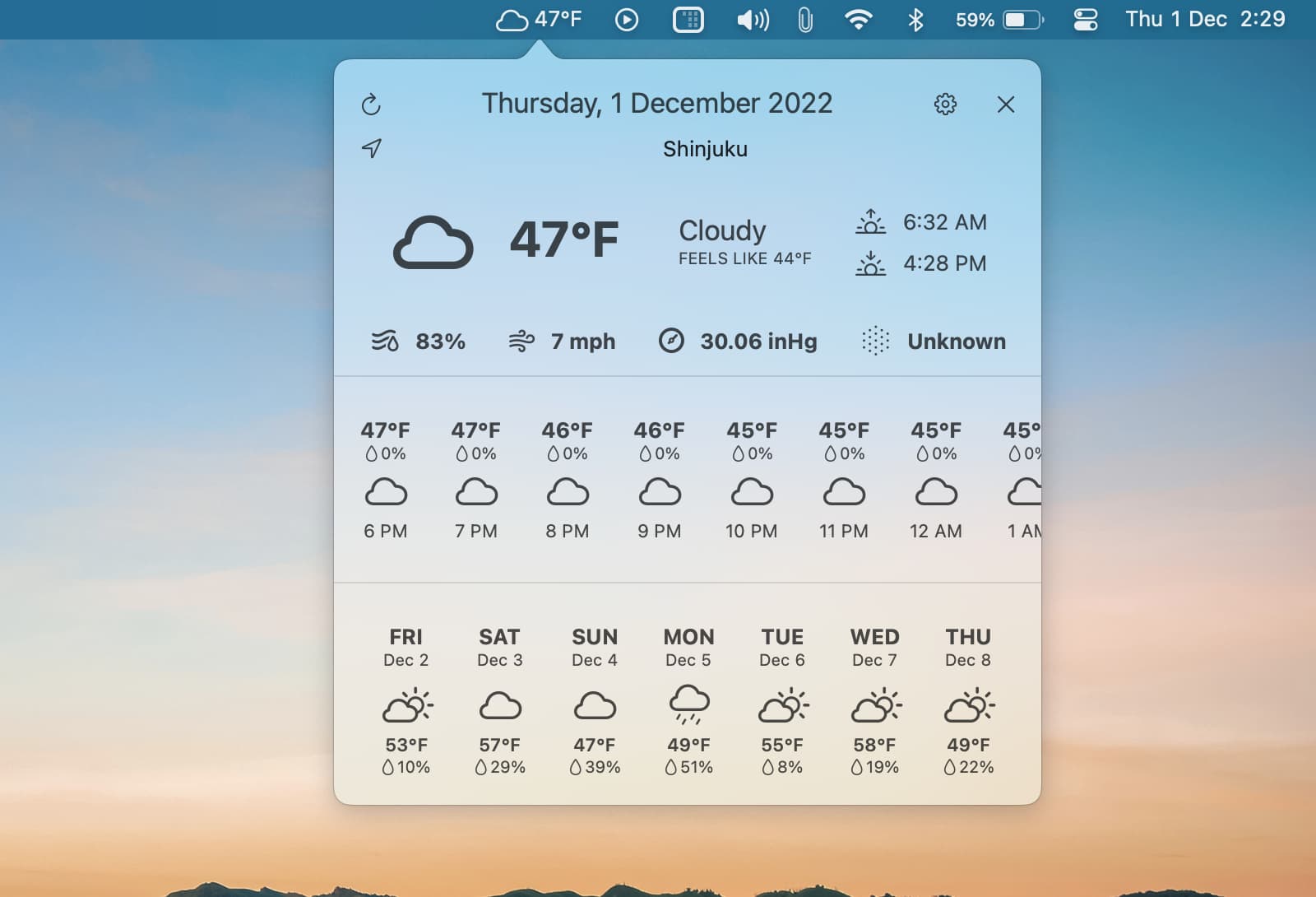 Weather Dock app on Mac showing the weather details in menu bar