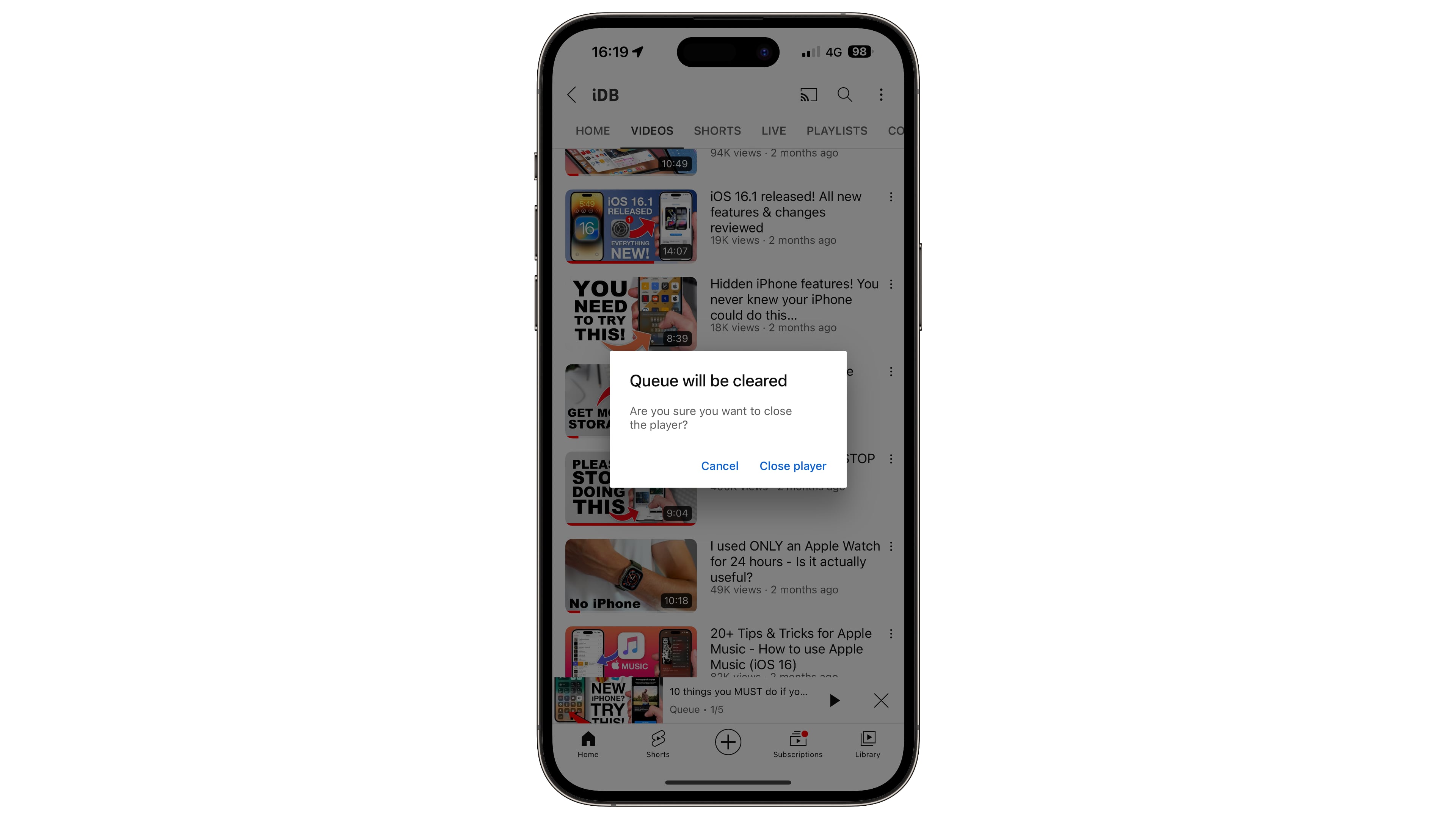 A confirmation message about clearing videos added to the YouTube Queue on iPhone