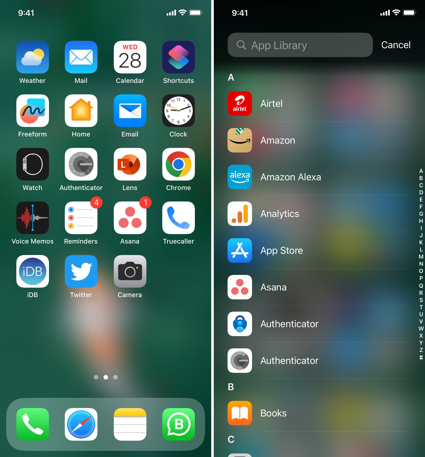 iPhone Home Screen and App Library showing iOS apps
