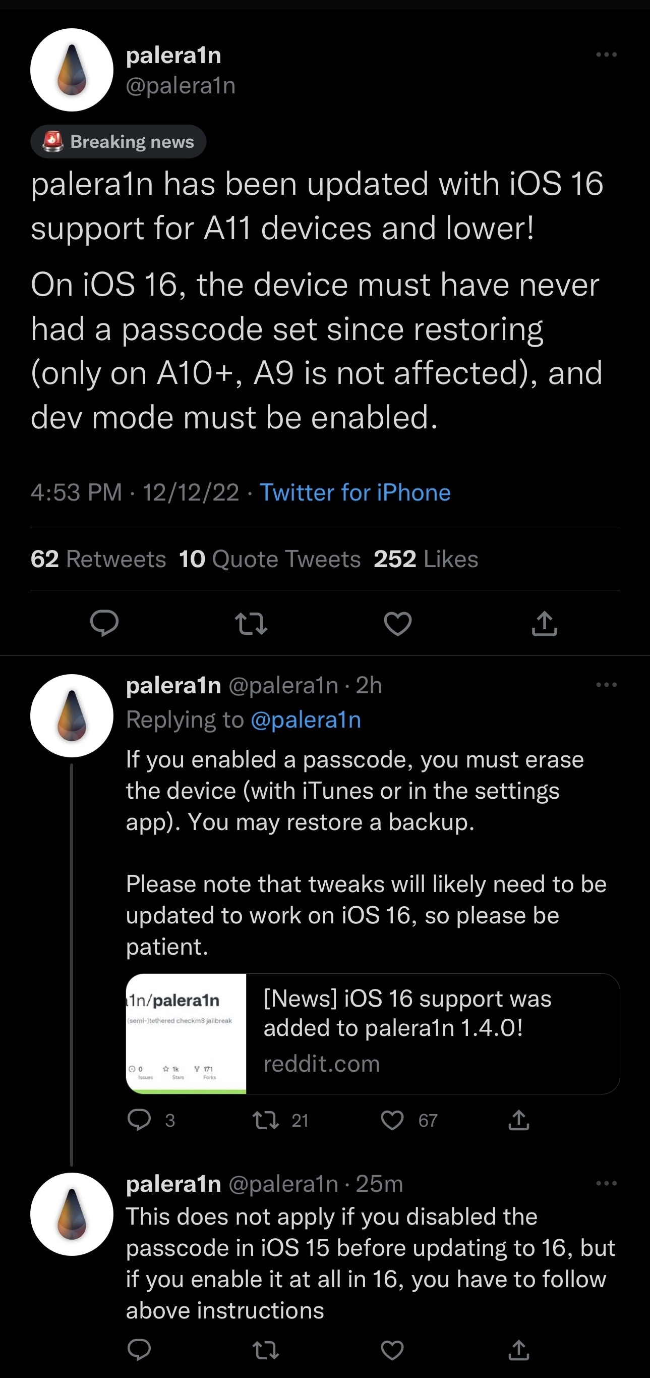 أعلن فريق palera1n عن دعمه لنظامي iOS و iPadOS 16.x.