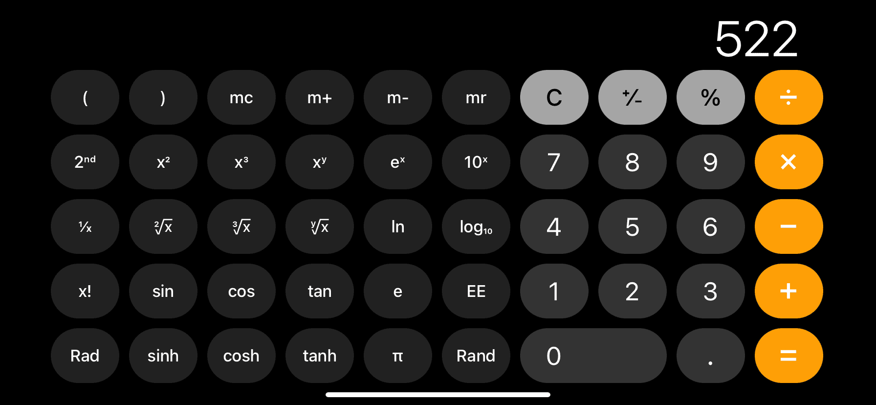 Scientific calculator on iPhone in landscape orientation