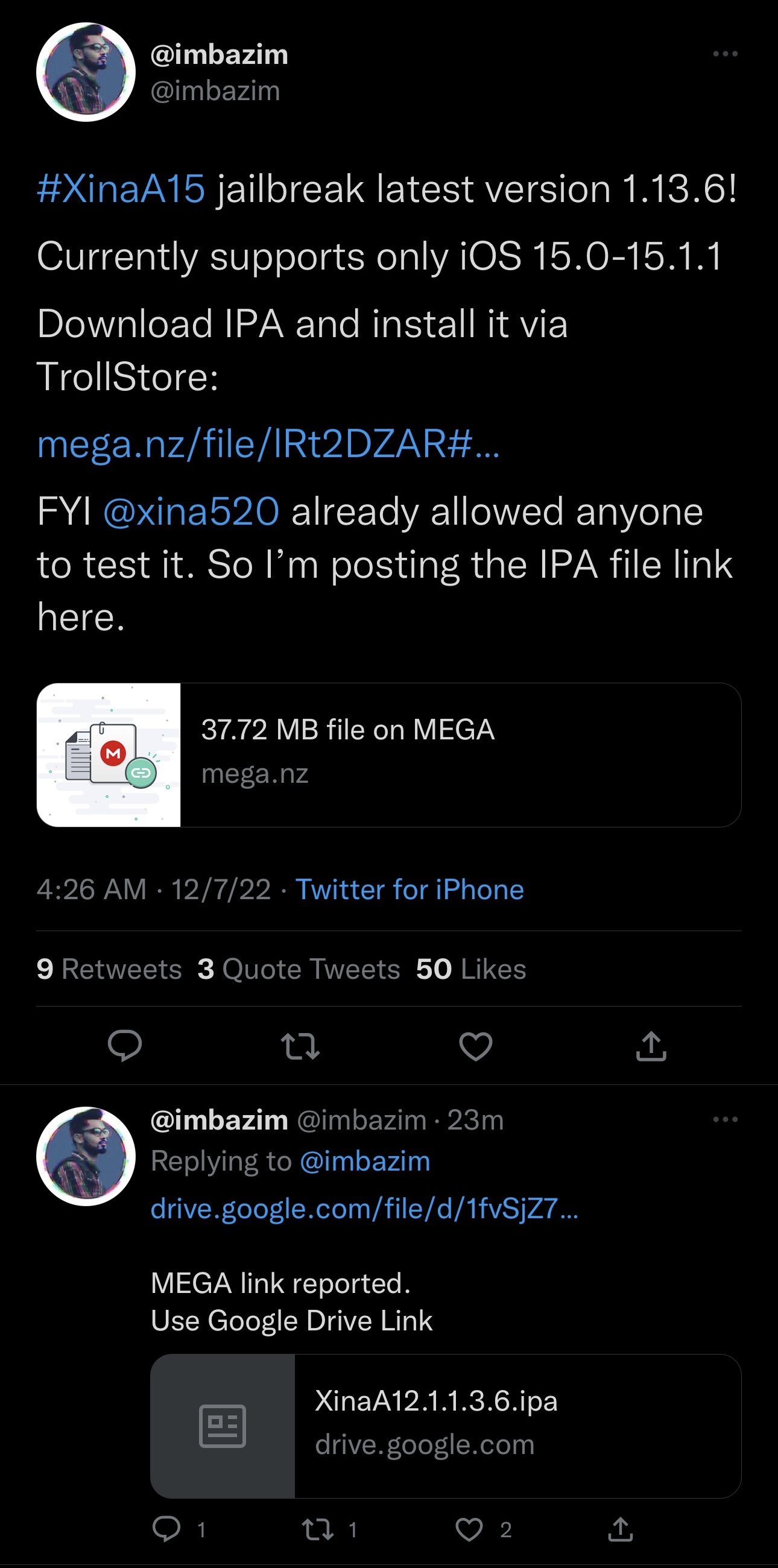 Ein Benutzer hat einen Link zum Test-Jailbreak von xina520 für A12-A15-Geräte unter iOS 15.0-15.1.1 getwittert.