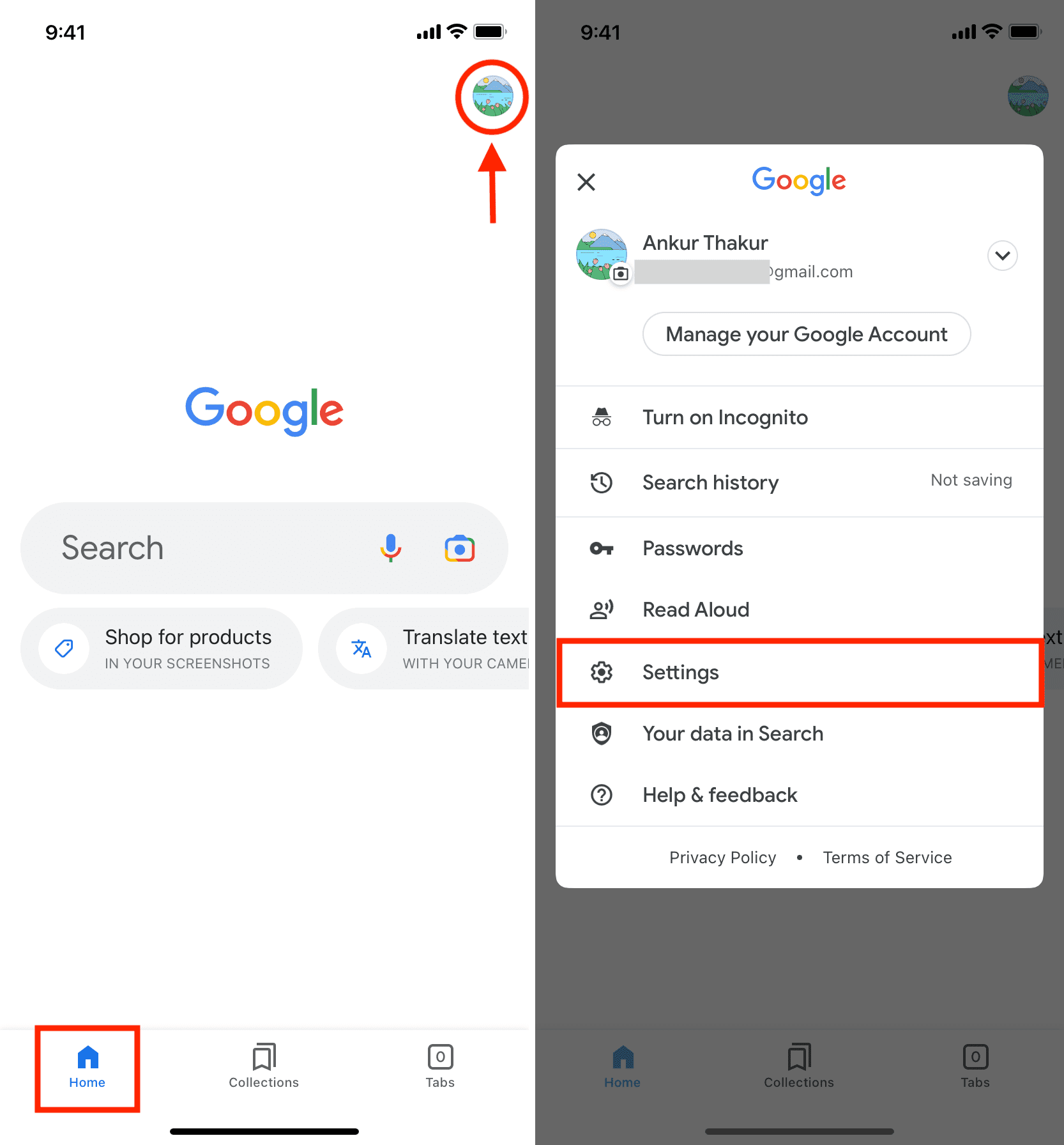 Access settings in Google app on iPhone