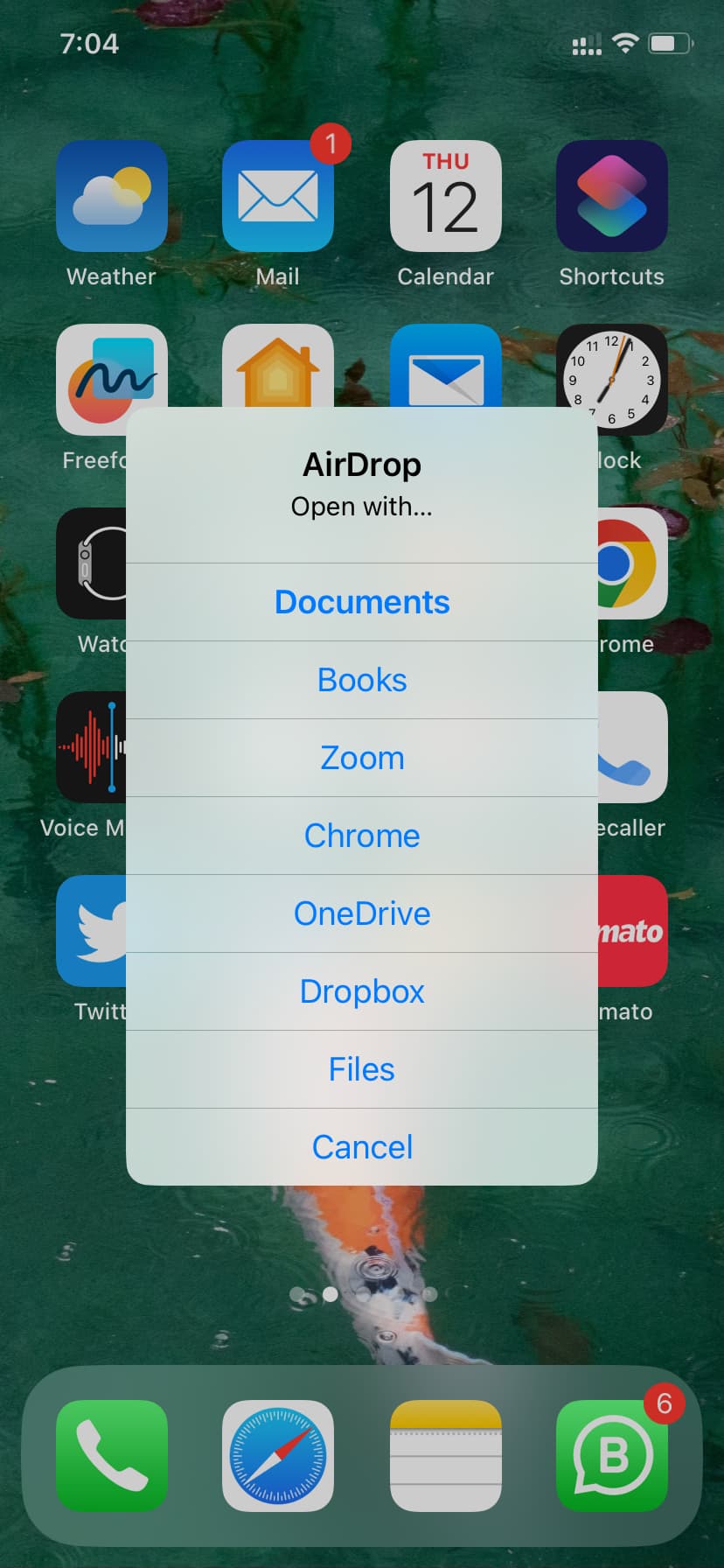AirDrop popup alert to choose app to open file