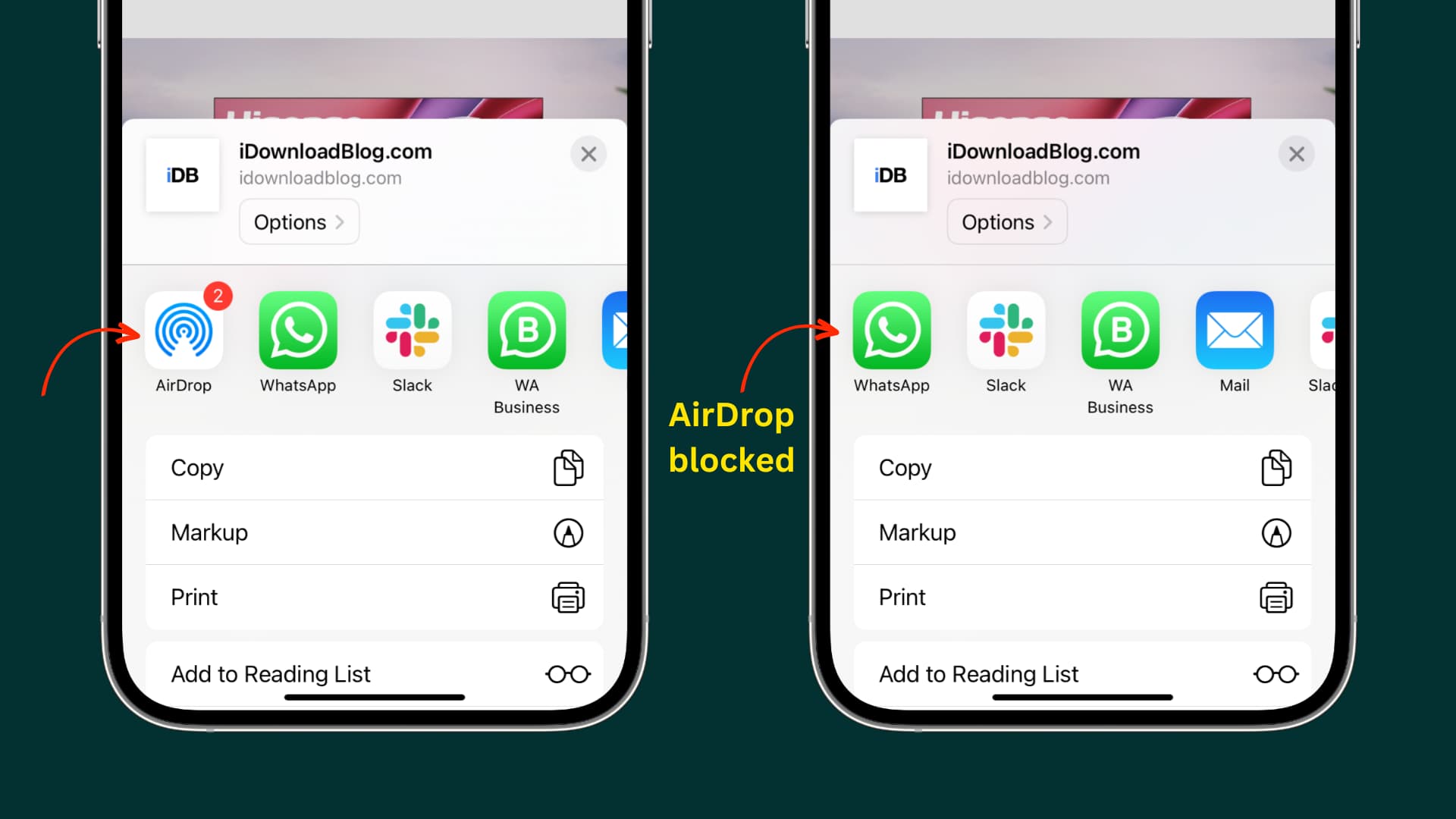 Two iPhone screenshots with one showing AirDrop on the Share Sheet and the other not showing AirDrop as its restricted