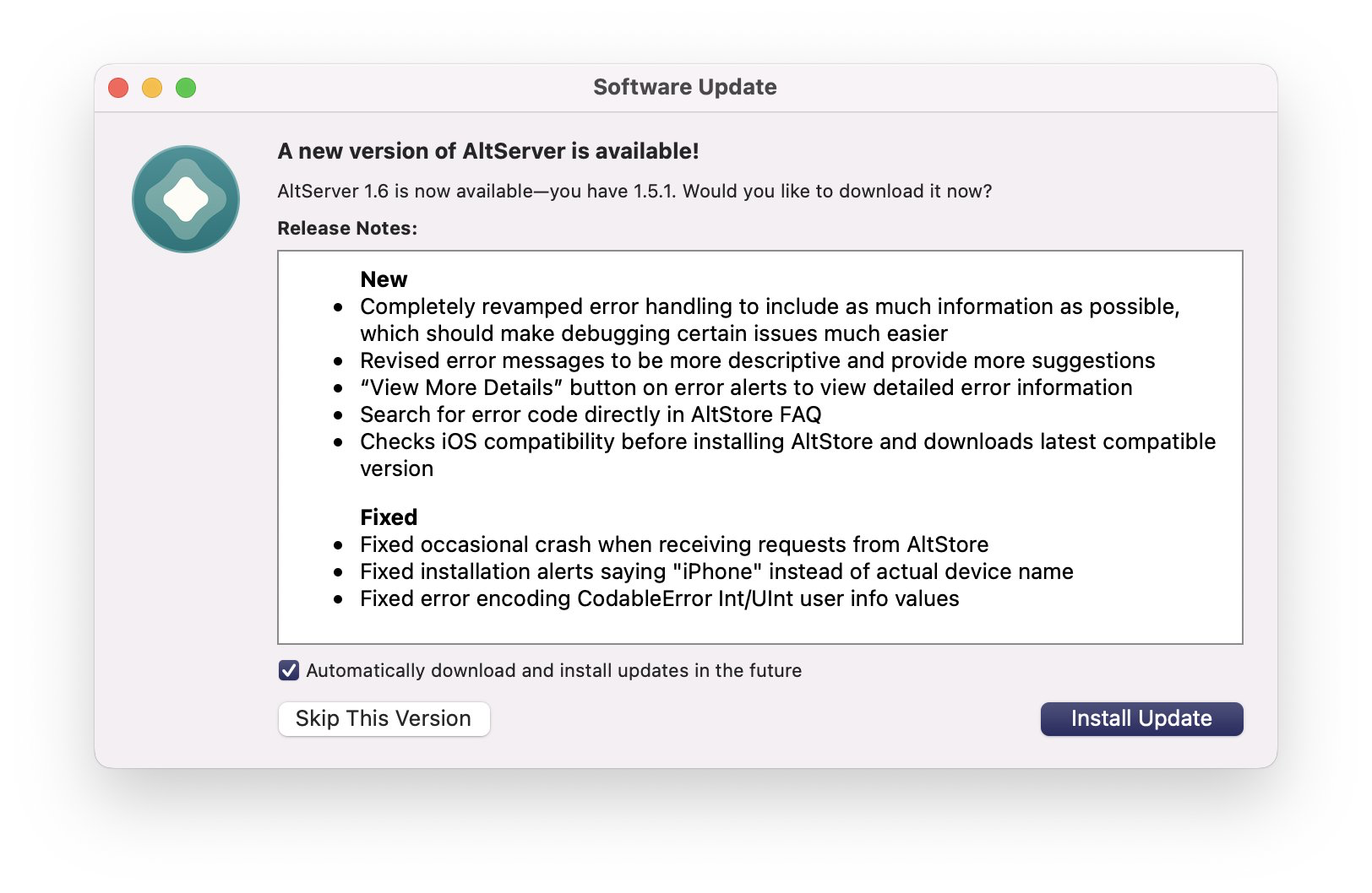 AltSever macOS version 1.6 update.