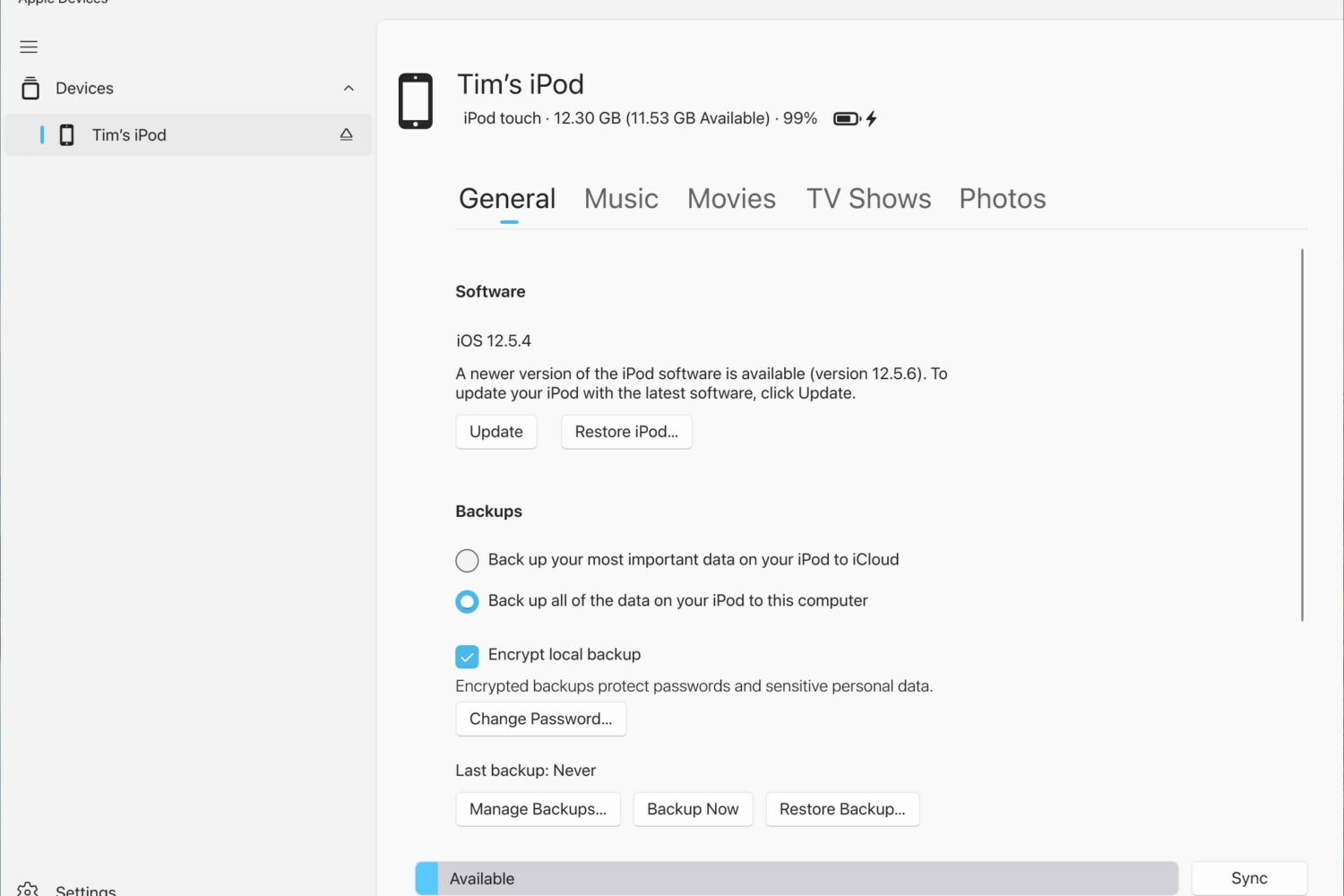 The Apple Devices app for Windows showcasing managing the connected iPod