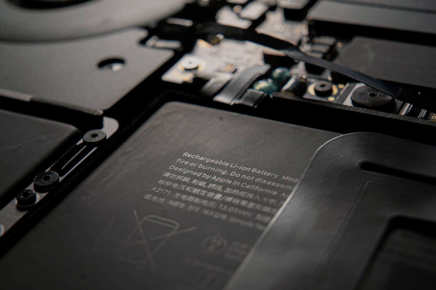 Closeup of an internal battery in Apple's MacBook laptop