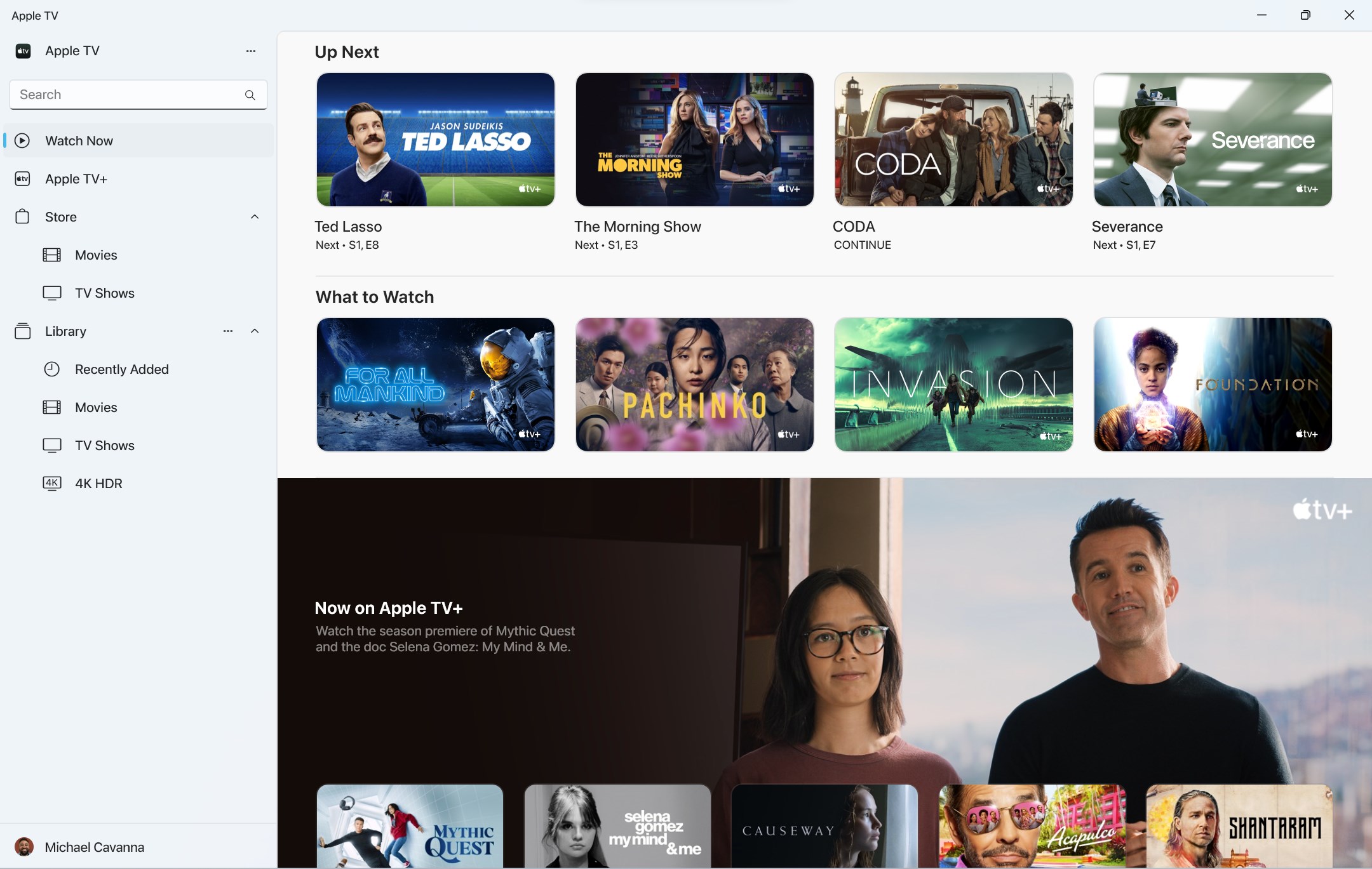 The Apple TV app for Windows showcasing the Watch Now section