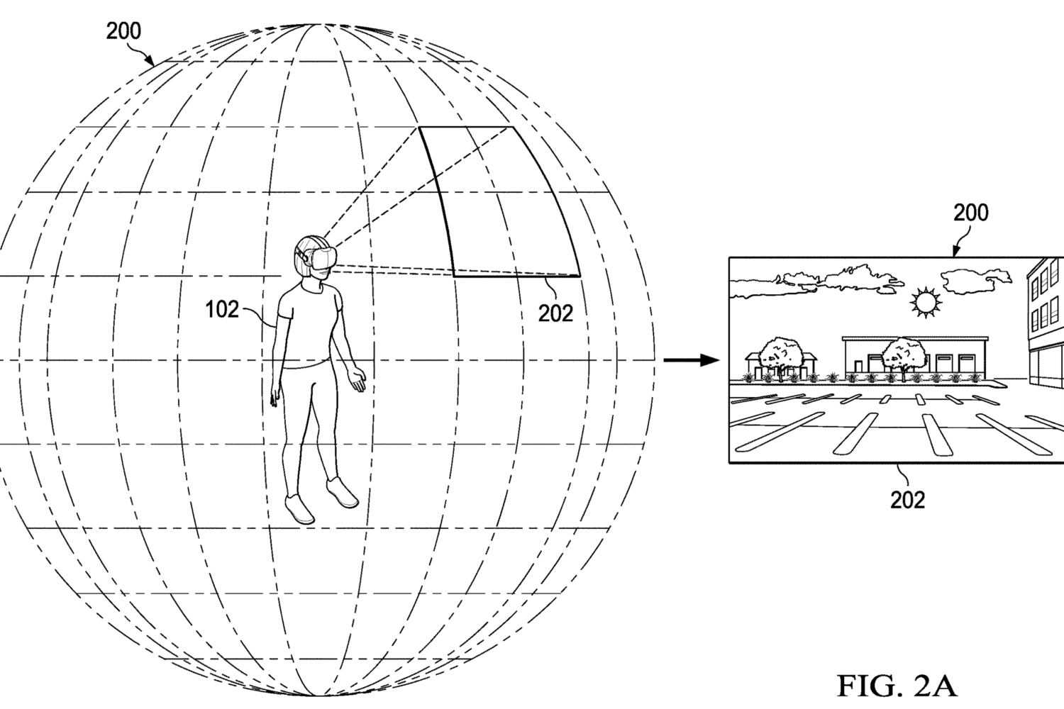 Patent drawing showing a user wearing a headset and enjoying immersive video in all directions