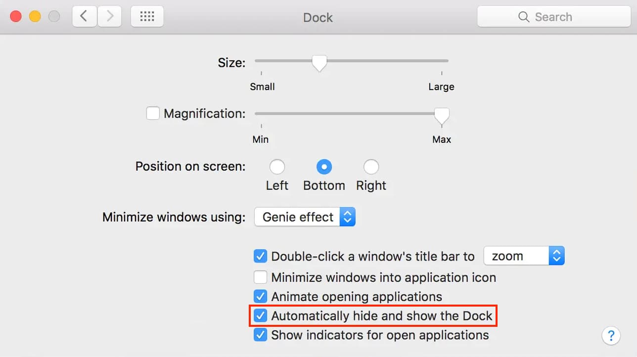 Automatically hide and show the Dock on macOS Catalina and earlier