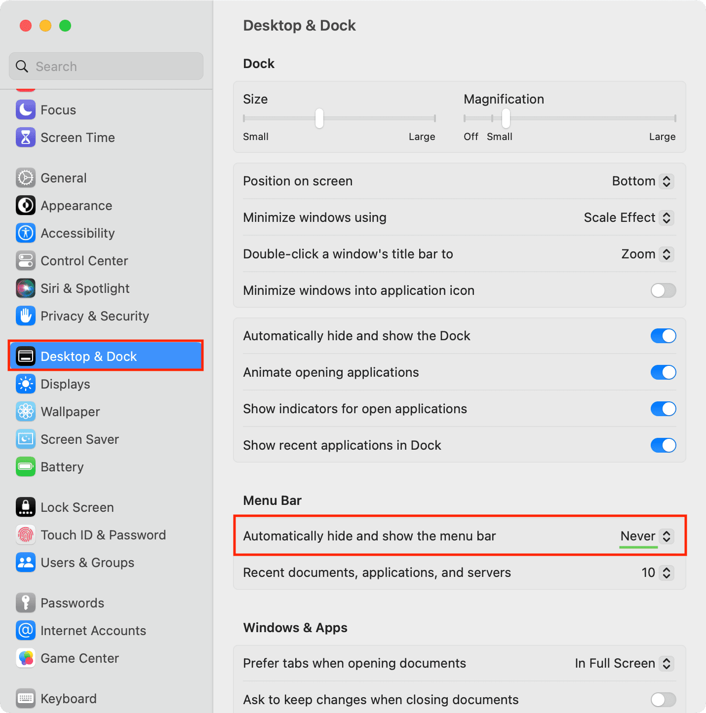 Automatically hide and show the menu bar set to 'Never' on Mac running macOS Ventura and later