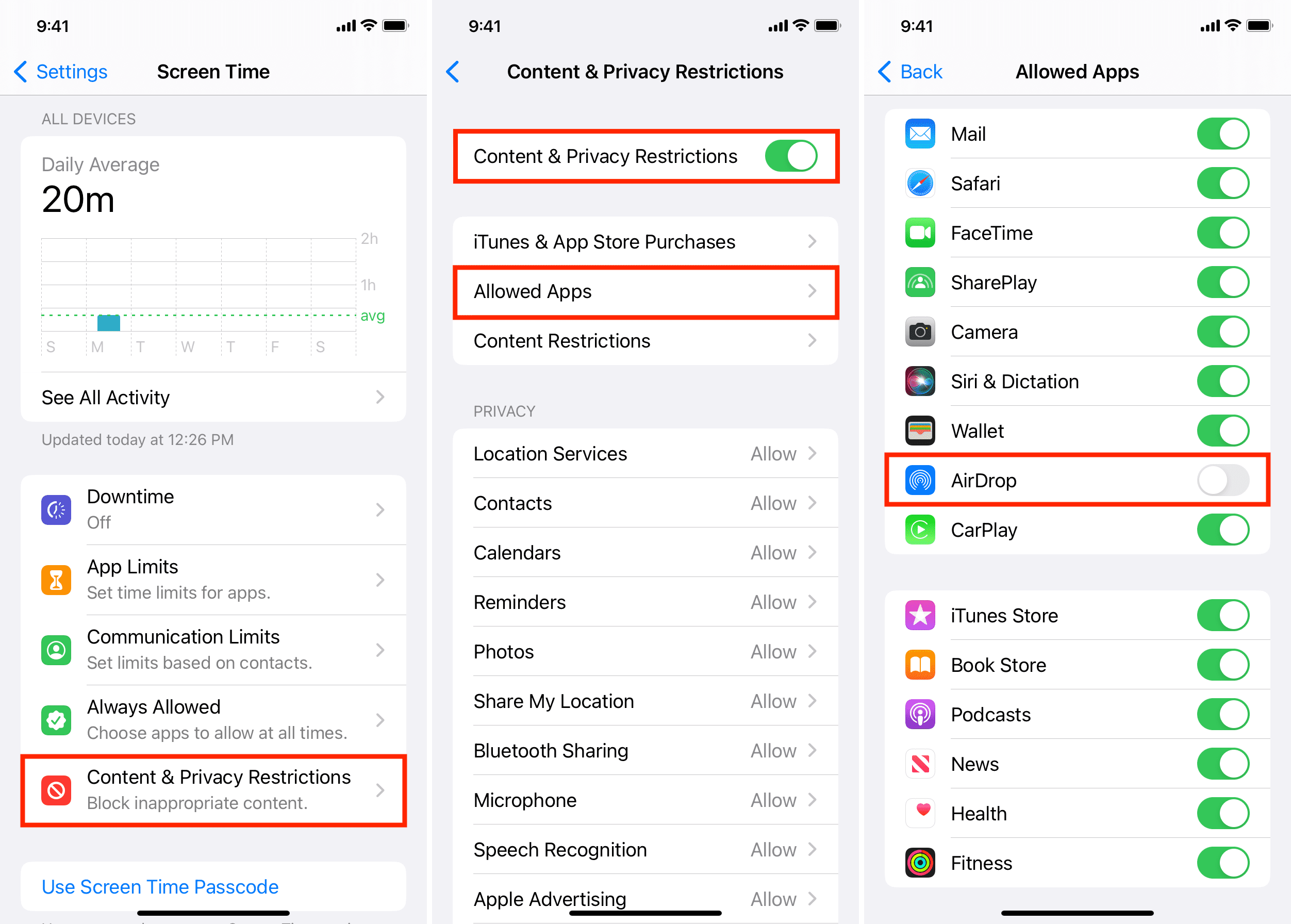 Block AirDrop from iPhone Screen Time Settings