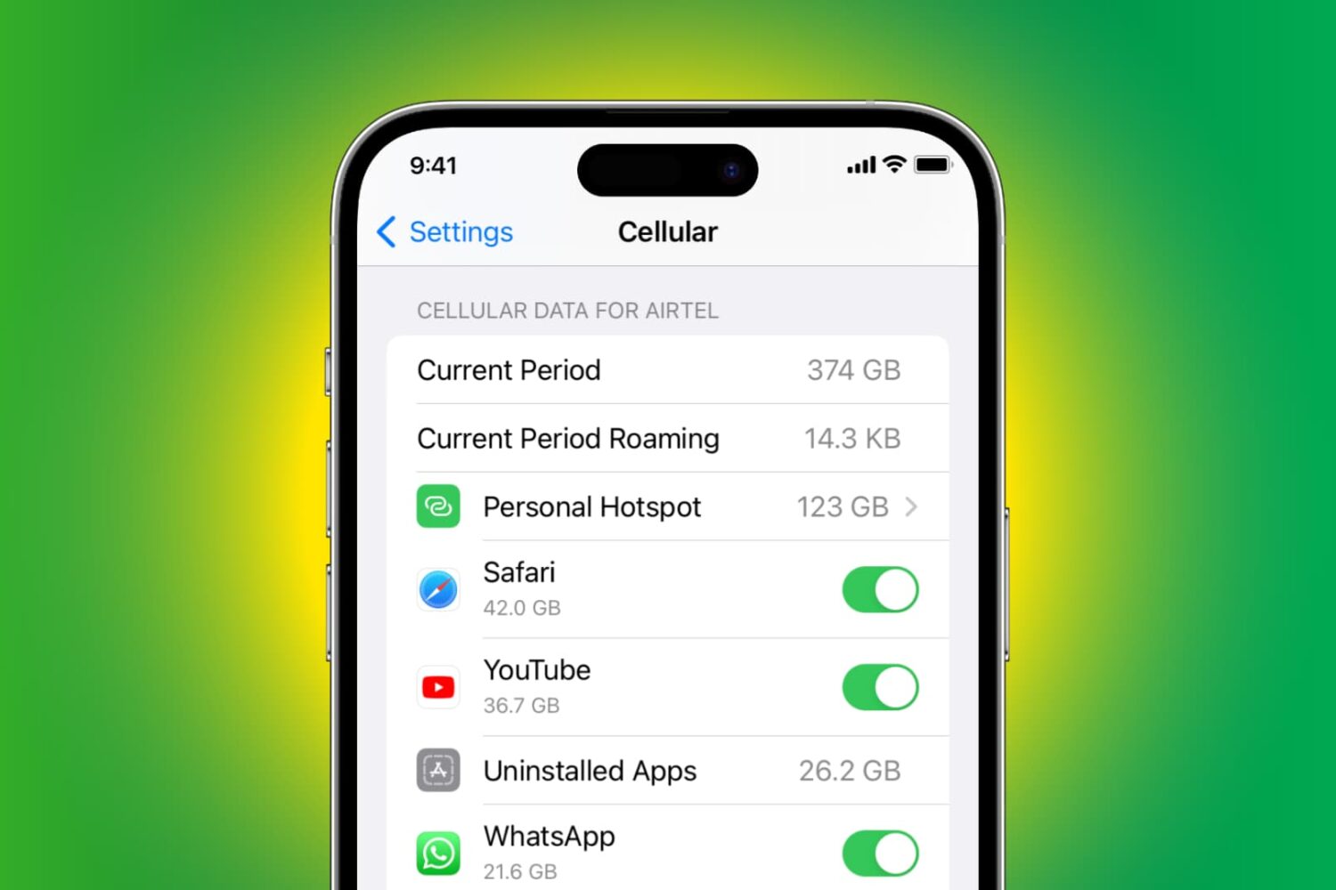 Settings app showing cellular data usage on iPhone