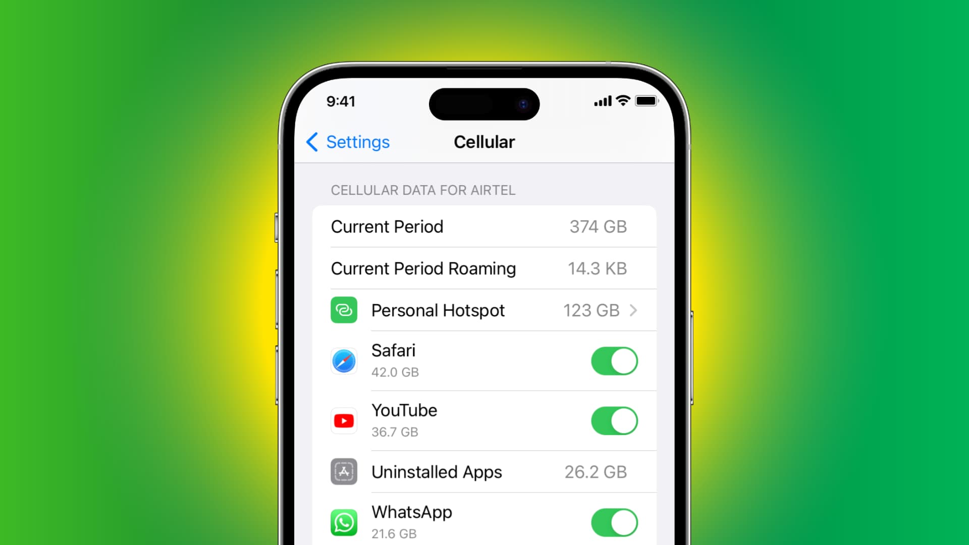 Settings app showing cellular data usage on iPhone