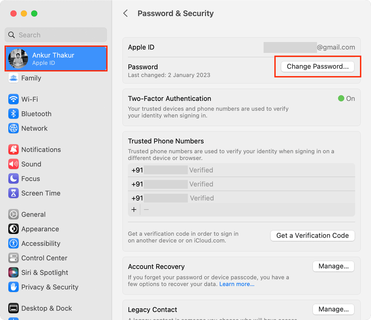 Change Password option for Apple ID in Mac System Settings