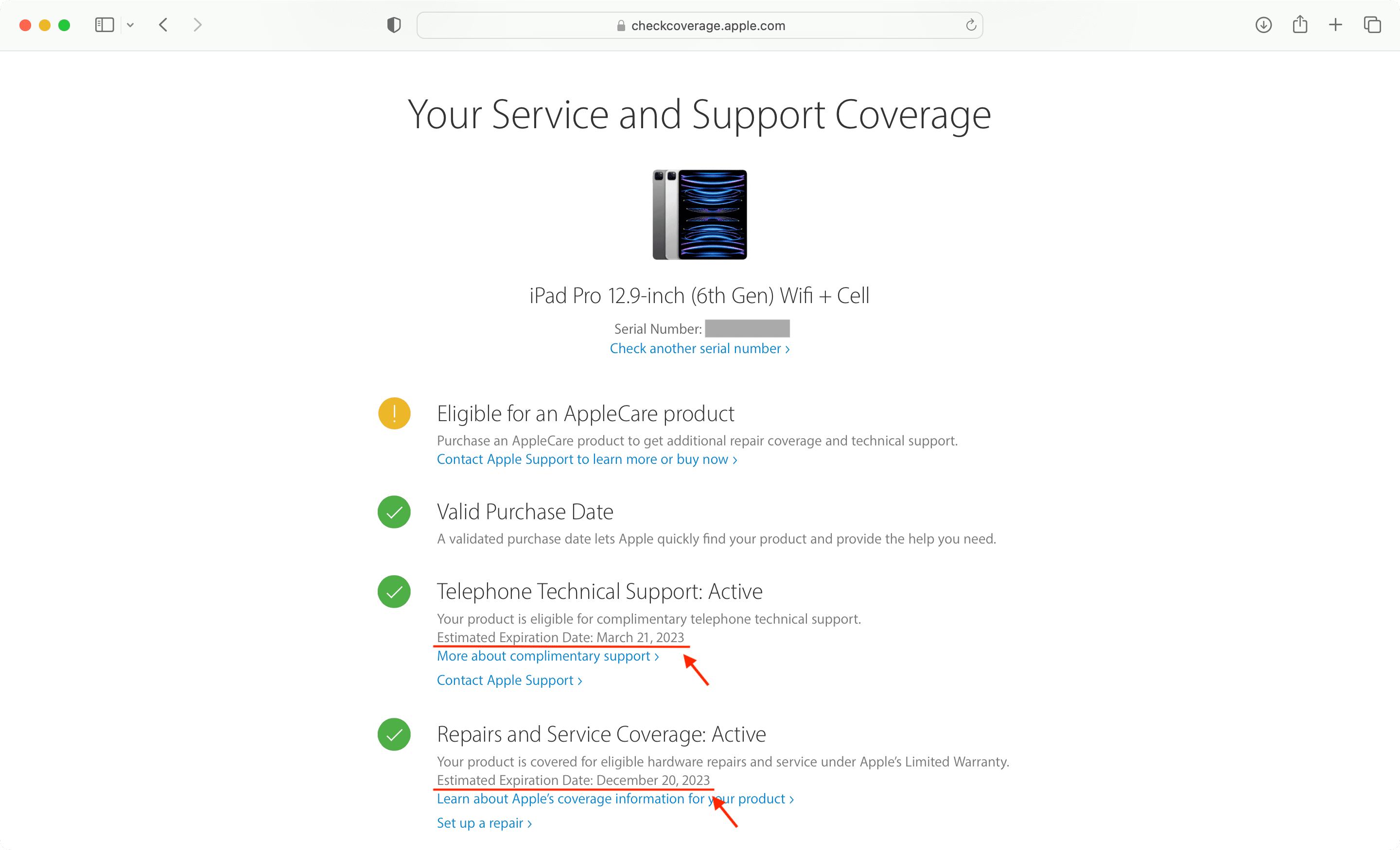 Check warranty service and active support coverage on Apple Check Coverage website