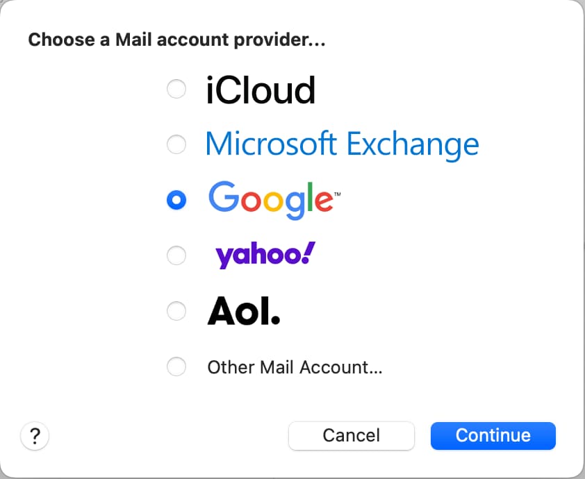 Choose a Mail account provider on Mac