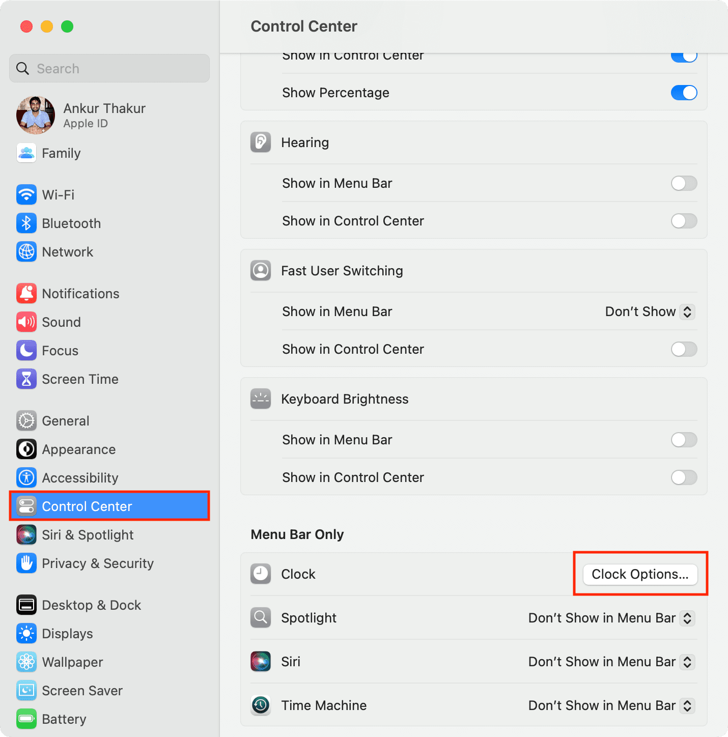Clock Options in Mac System Settings