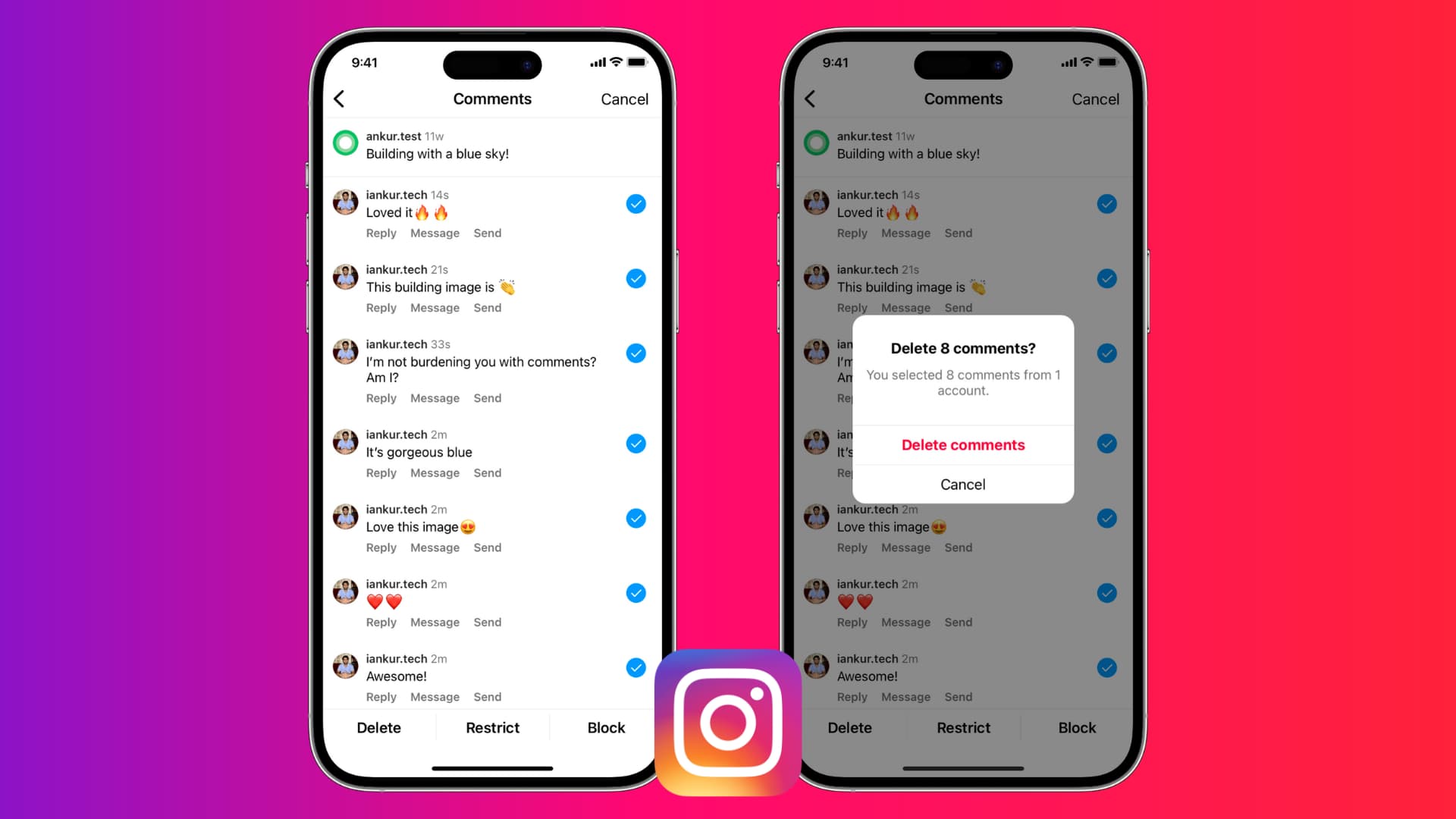 Delete many Instagram comments in one go on iPhone