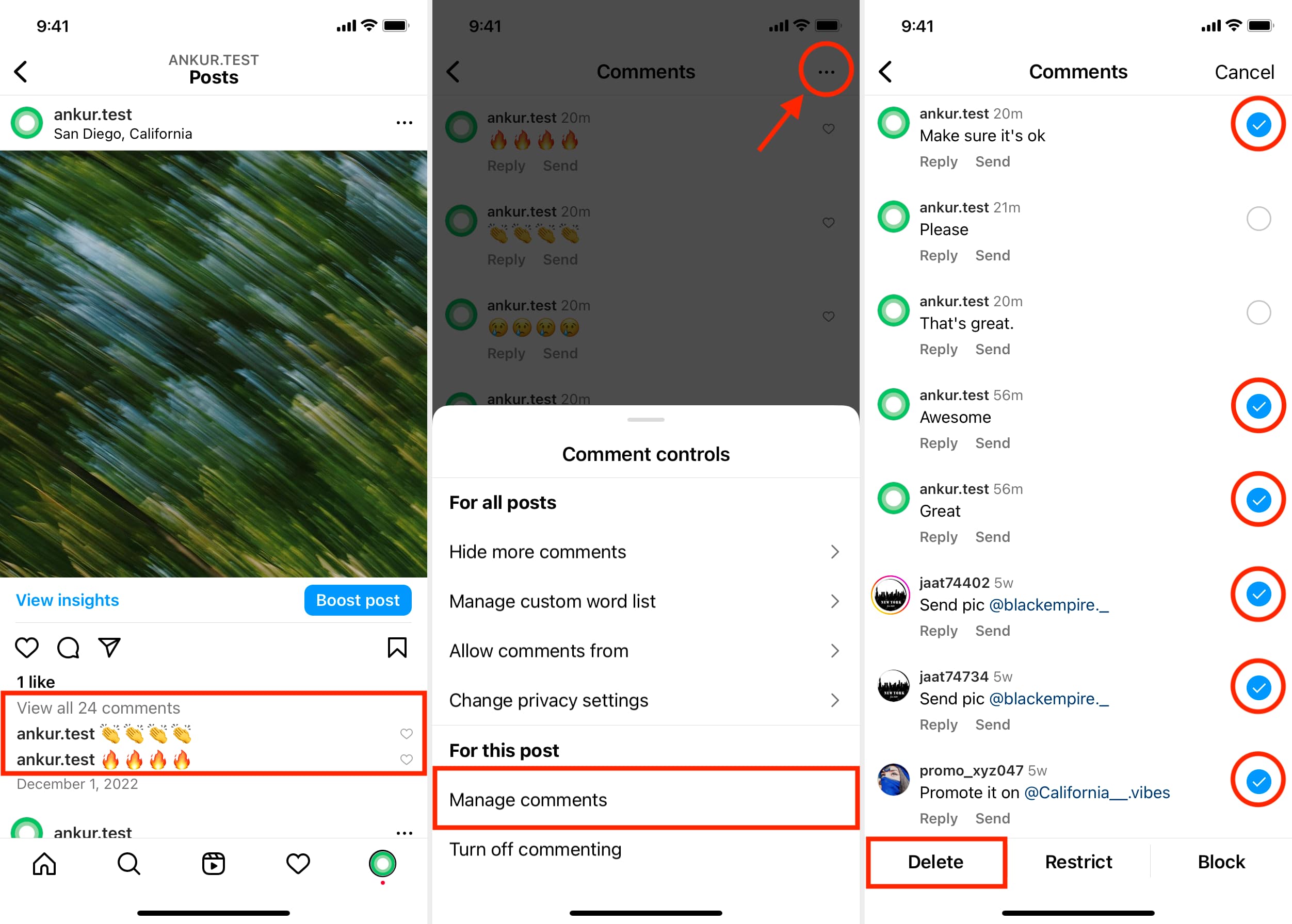 Three screenshots showing how to delete many Instagram comments at once