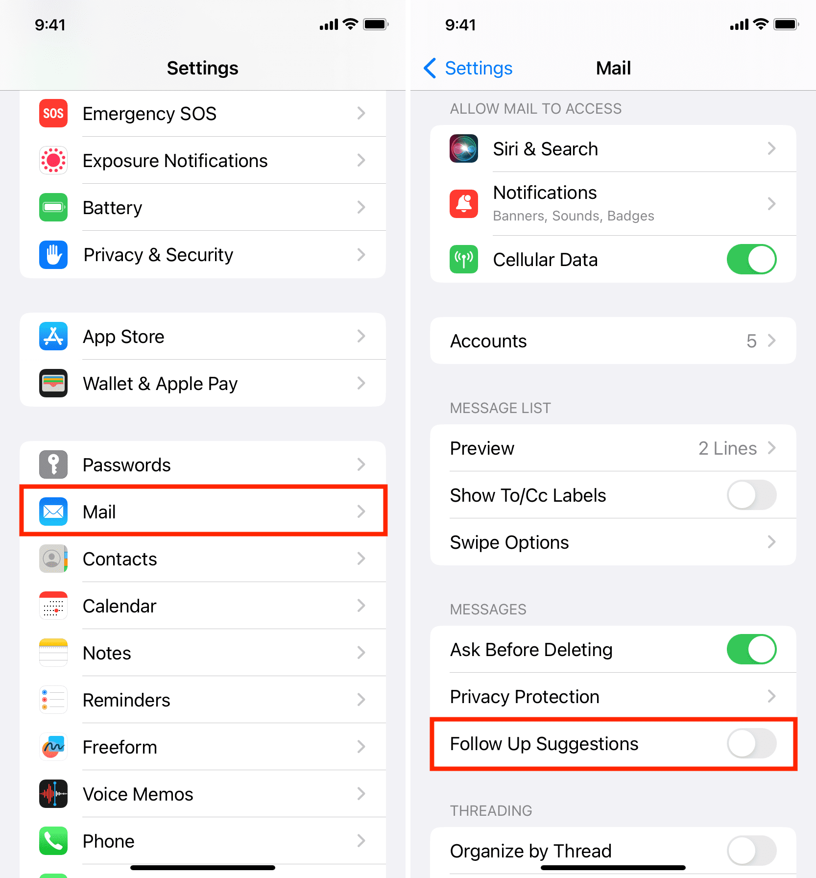 Disable Follow Up Suggestions in Mail app Settings on iPhone