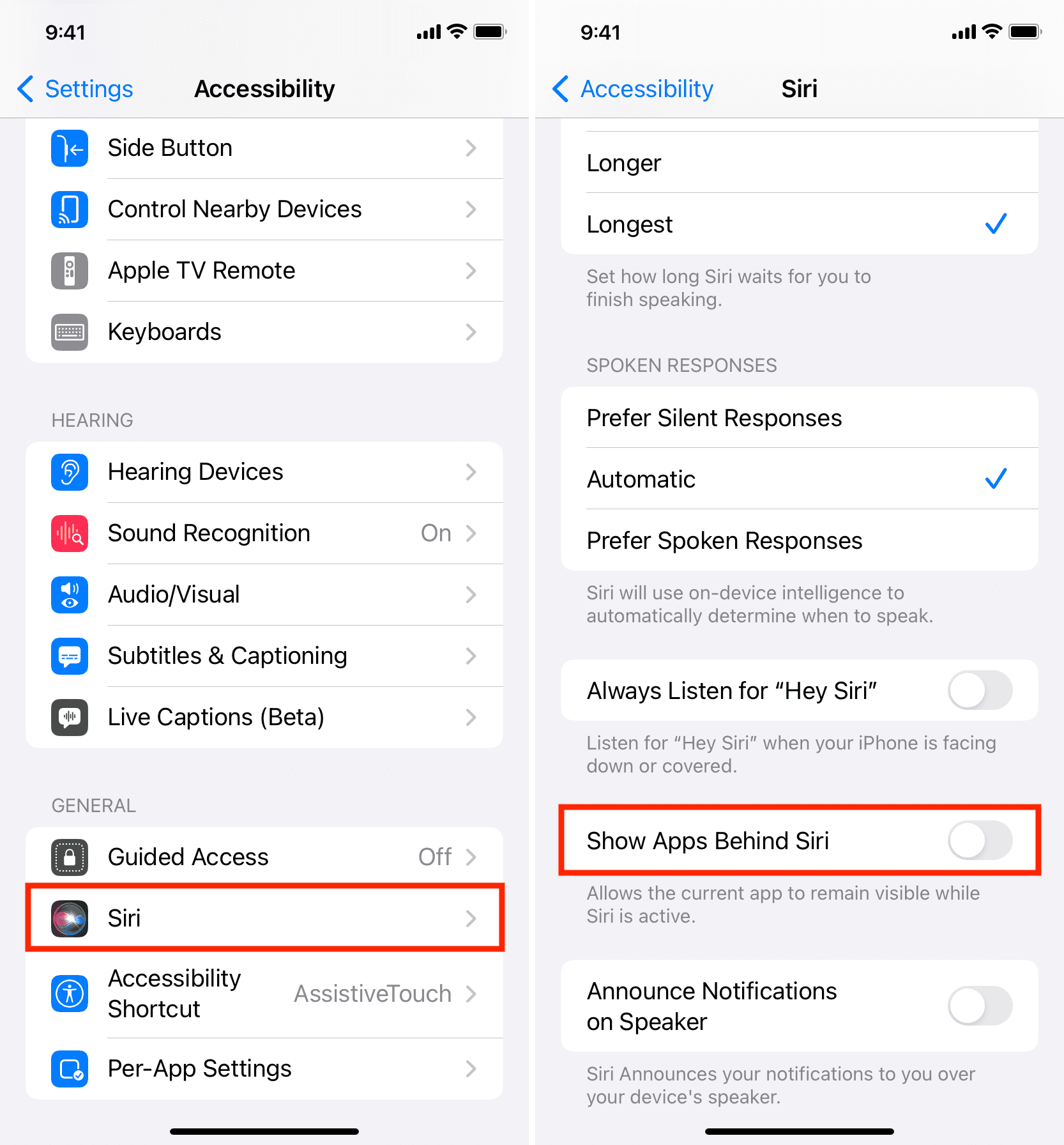 Disable Show Apps Behind Siri in iPhone Settings
