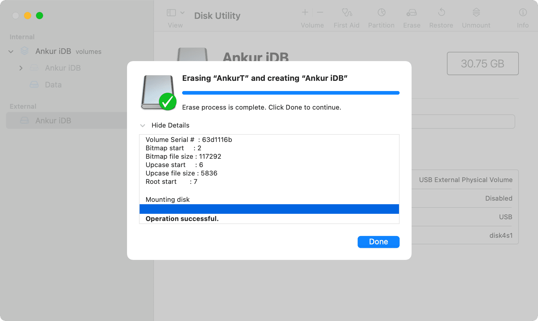 Disk Utility has finished formatting external drive