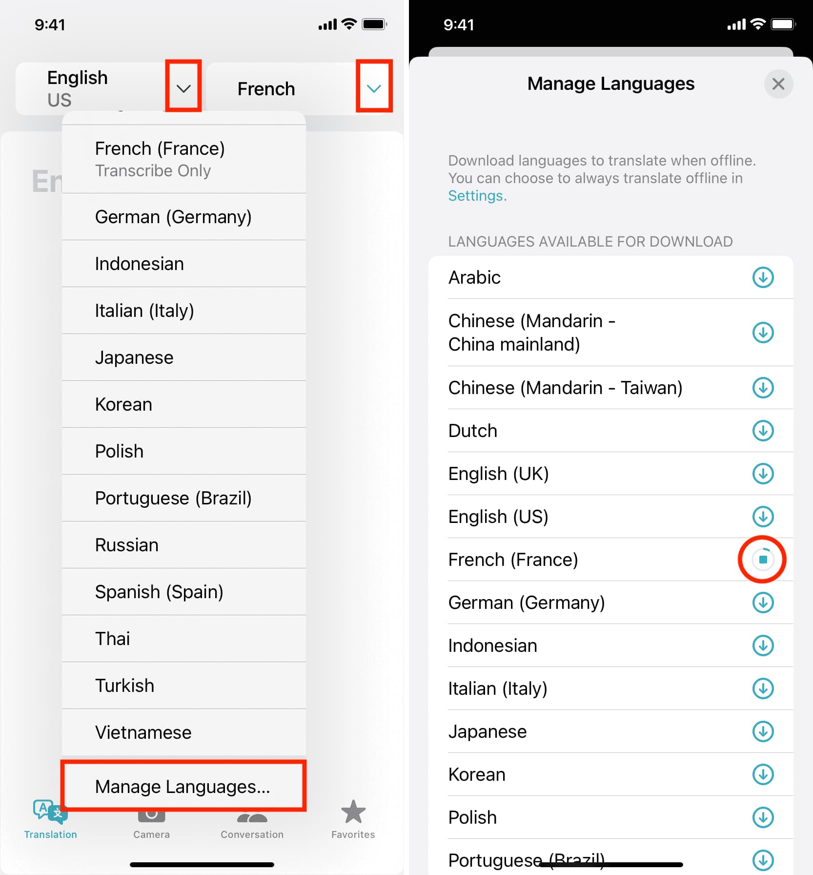 Download languages in iPhone Translate app for offline use