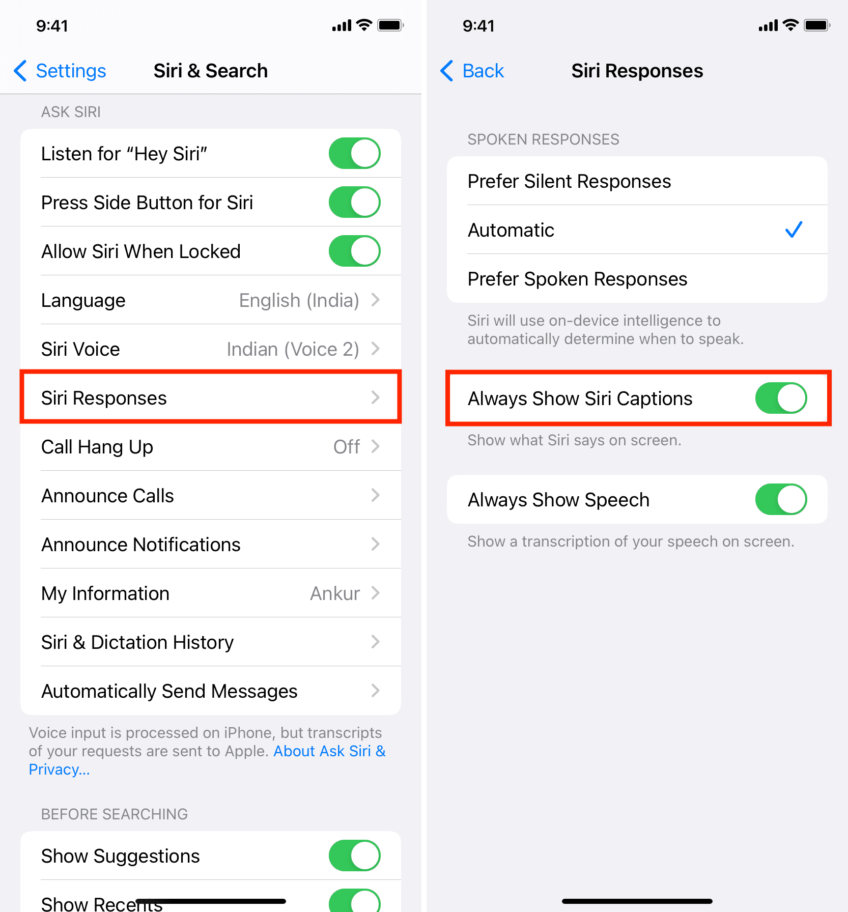 Enable Always Show Siri Captions in iPhone Siri settings to see what Siri speaks on your iPhone or iPad screen