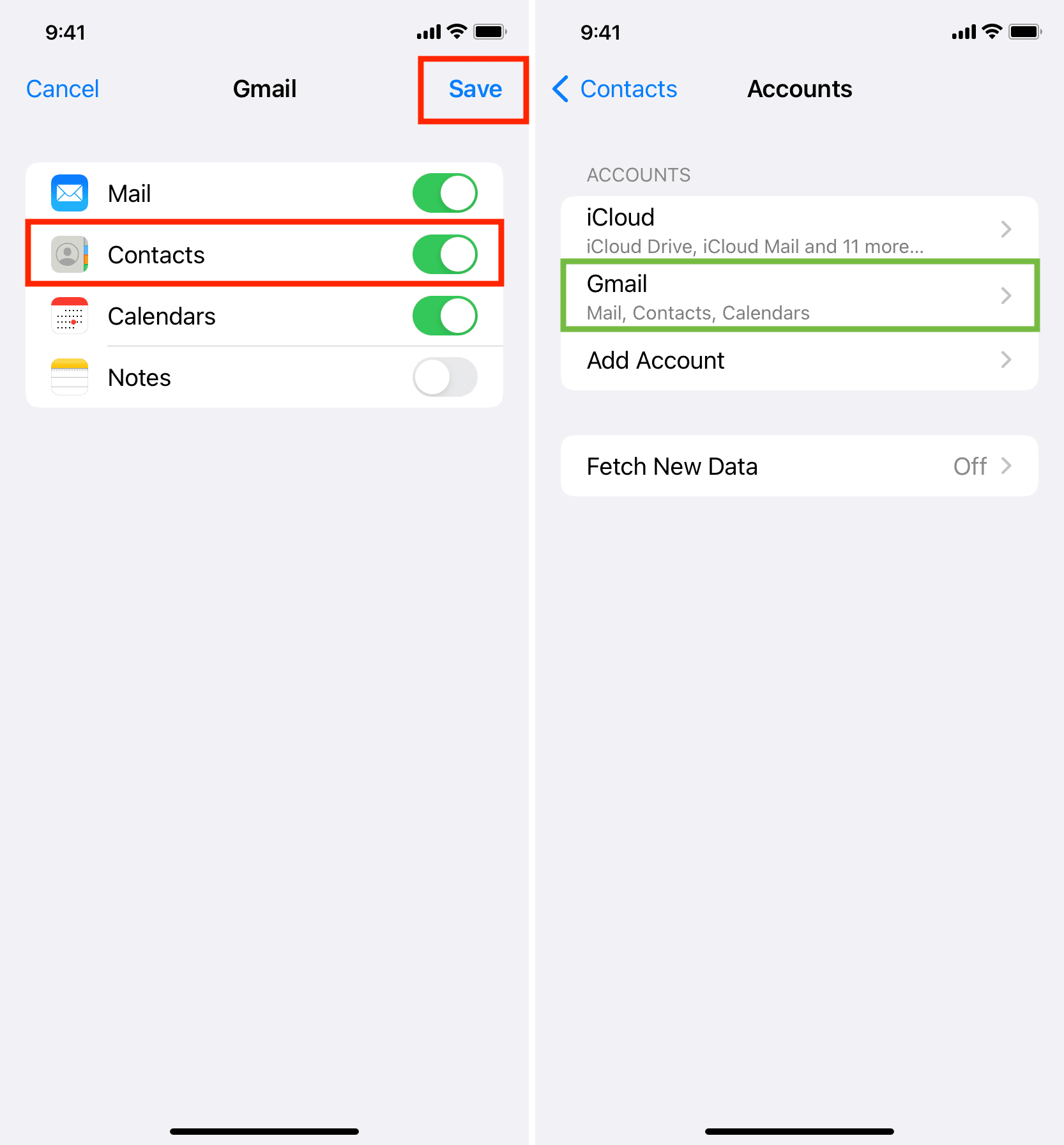Enable Google Contacts and tap Save in iPhone Settings