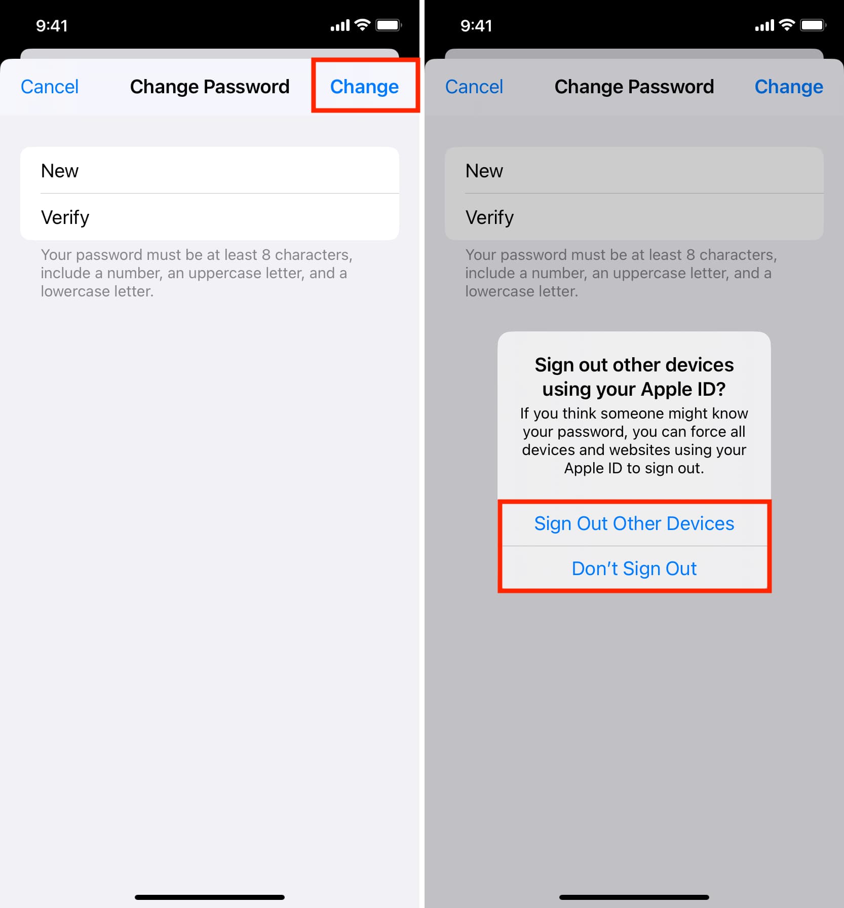 Enter new Apple ID password and choose to sign out of all devices