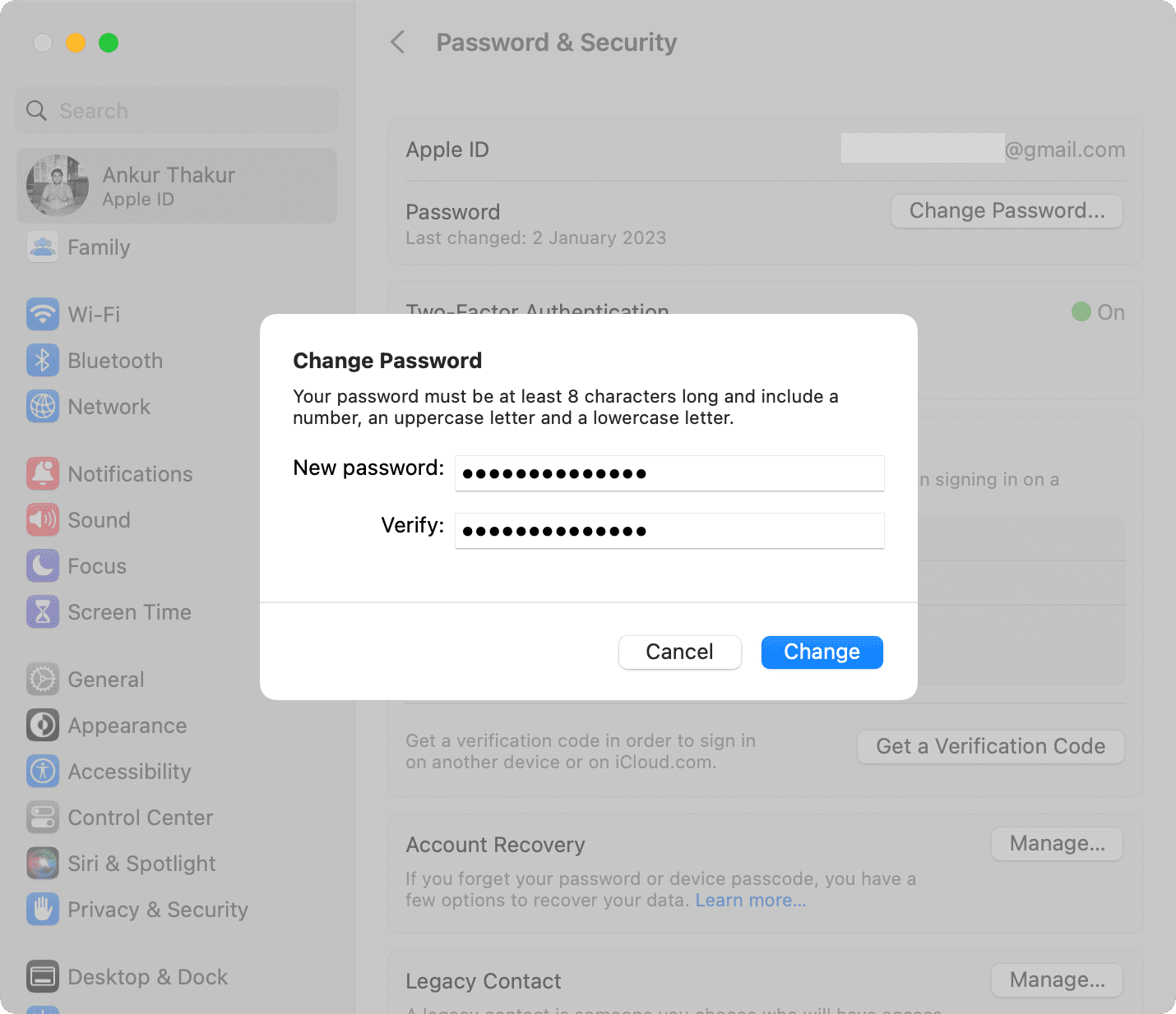Enter new Apple ID password on Mac to reset it