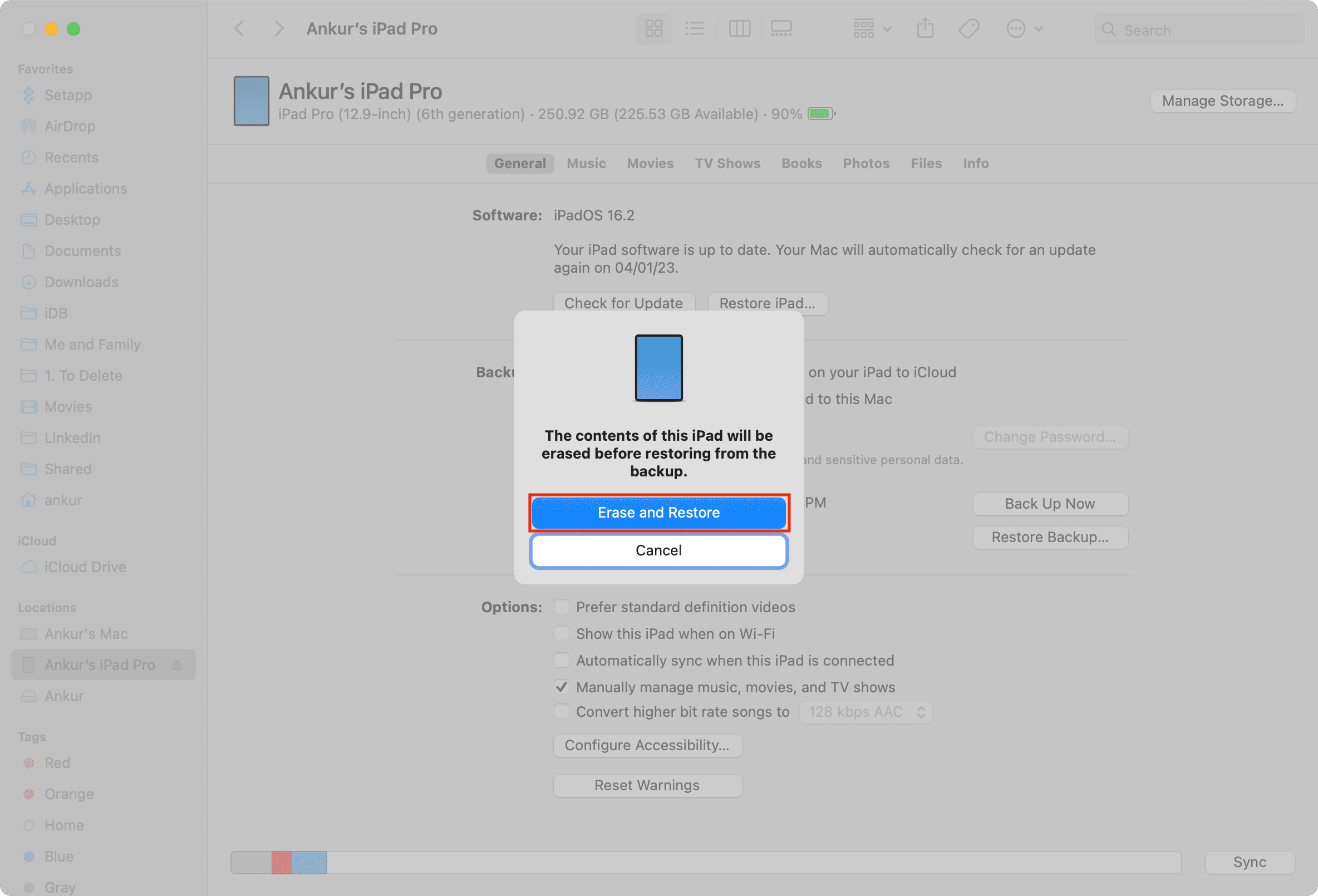 Erase and Restore iPad in Finder on Mac