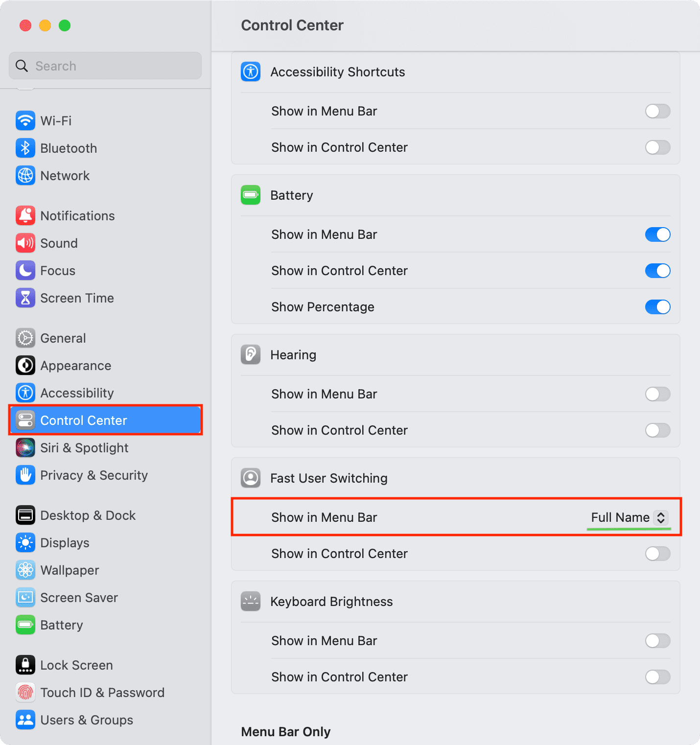 Fast User Switching in Mac menu bar