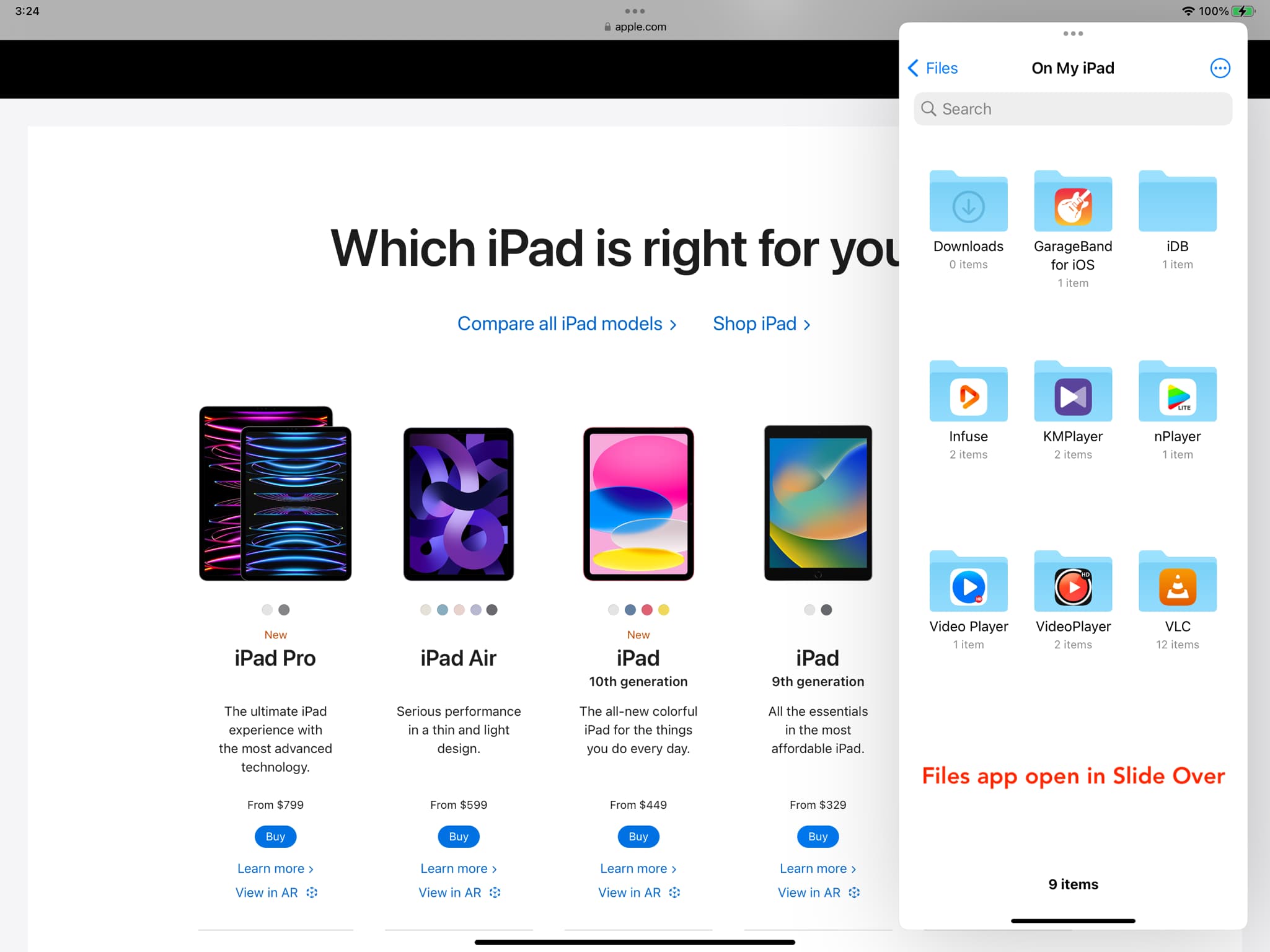 Files app open in Slide Over on iPad
