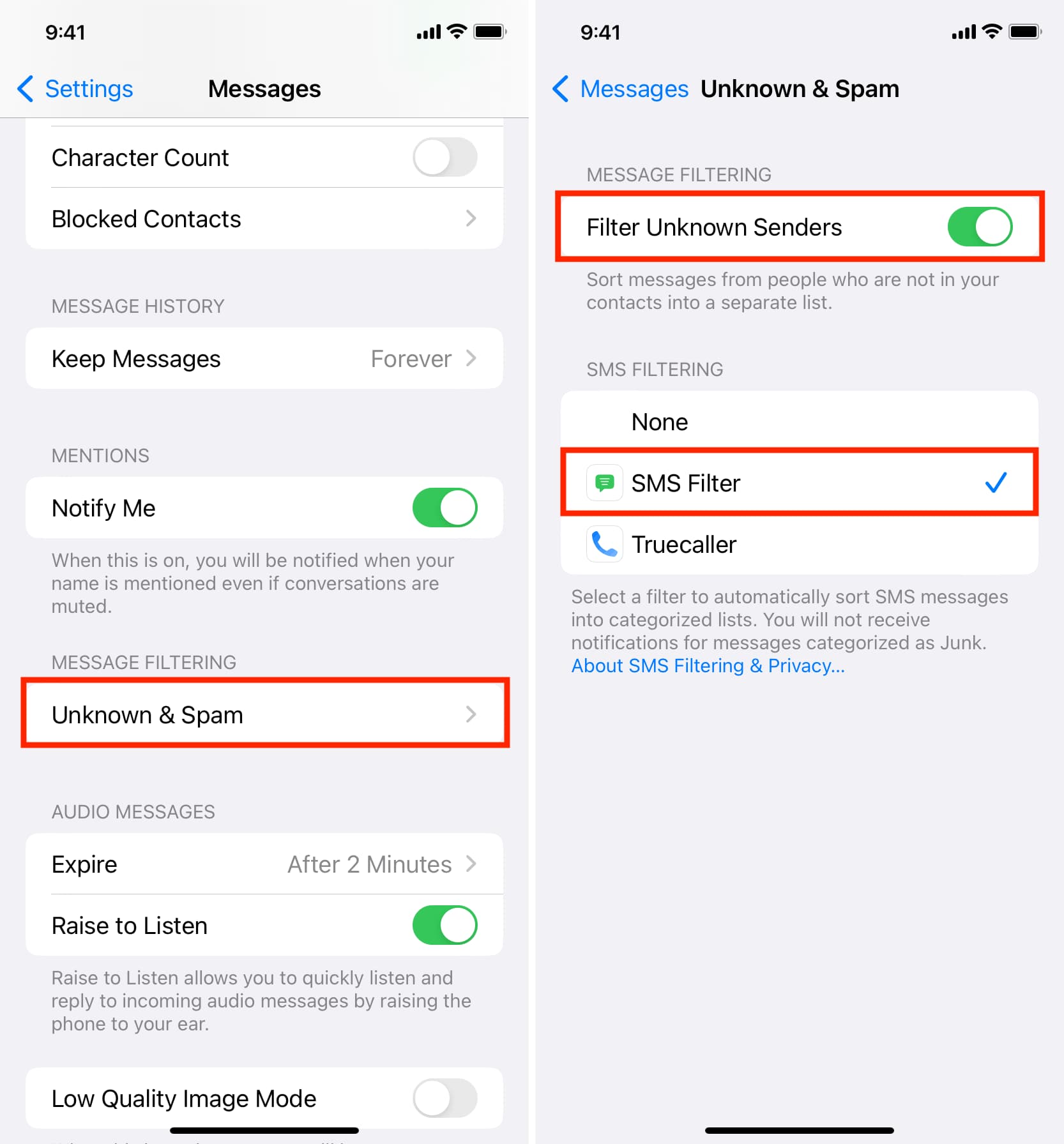 Filter Unknown Senders in iPhone Messages settings