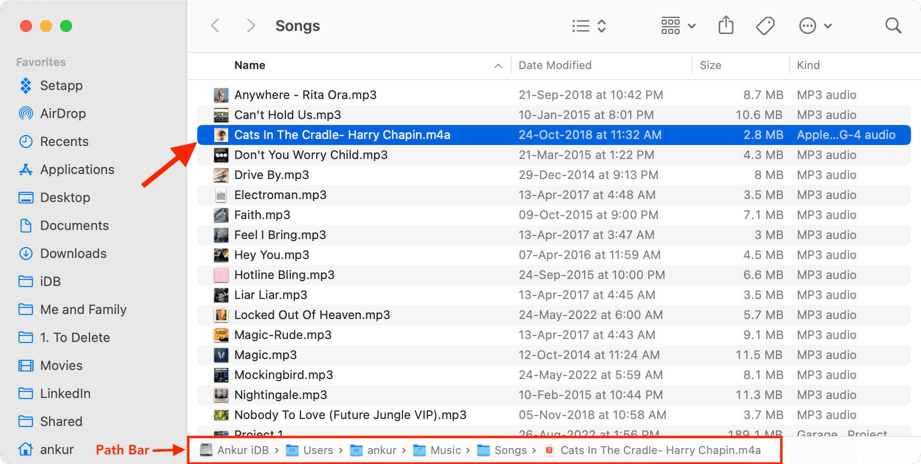 Finder folder showing where Music app songs are saved on Mac