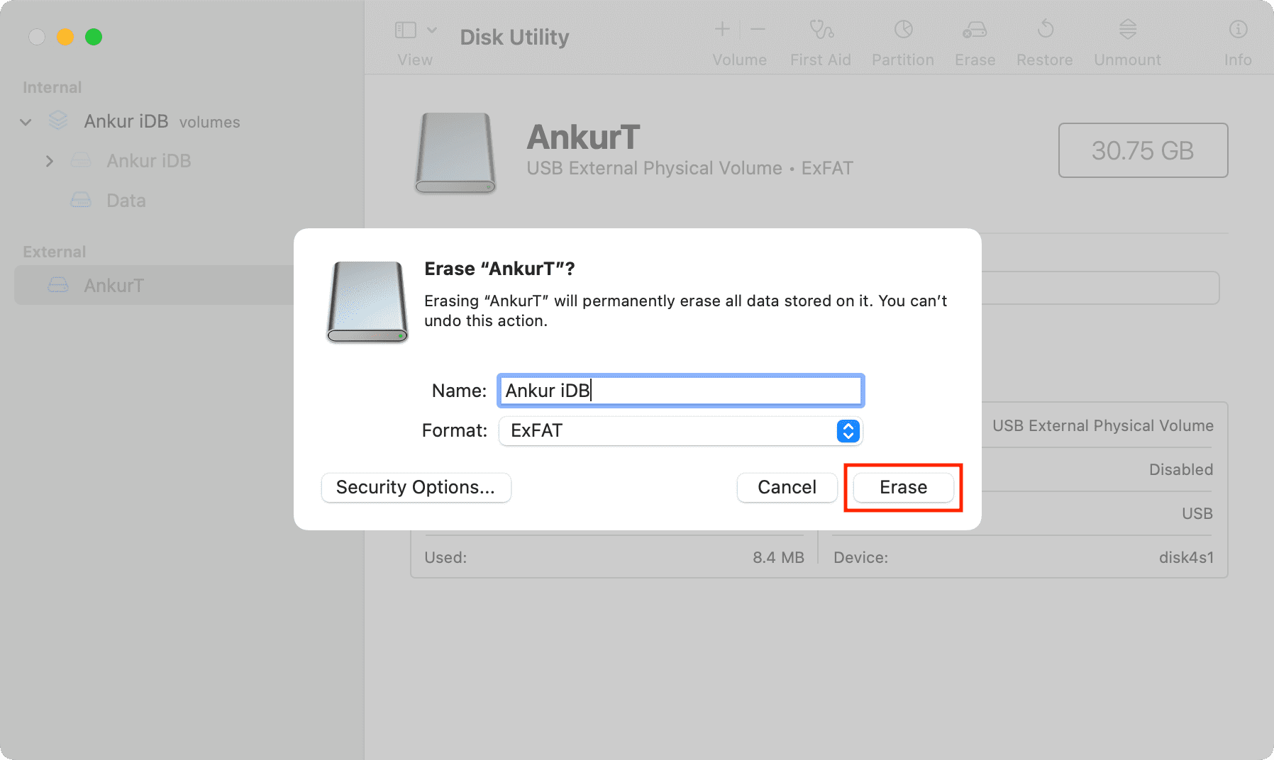 Finish naming the drive and click Erase in Disk Utility