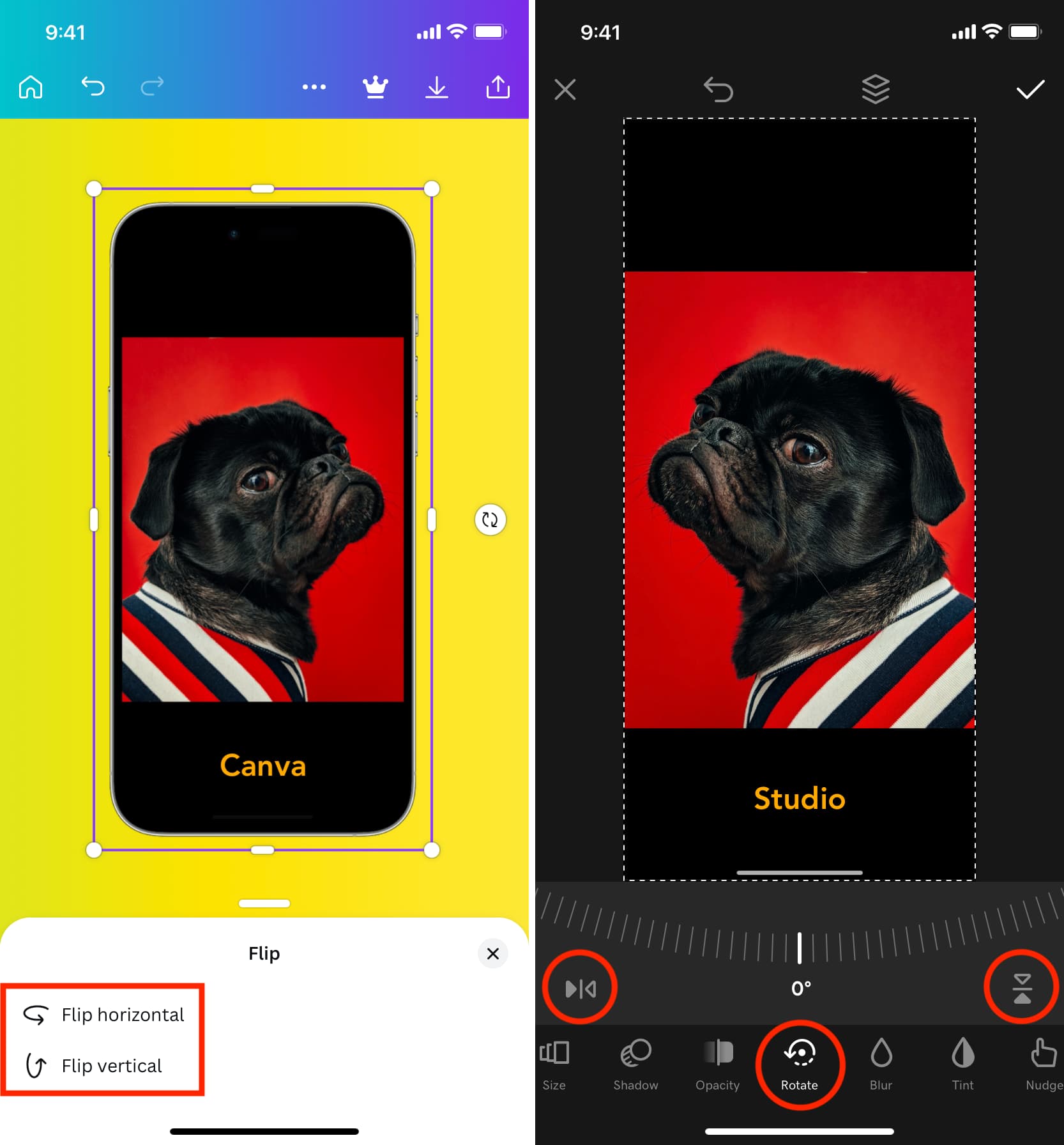 Flip photo in Canva and Studio apps on iPhone