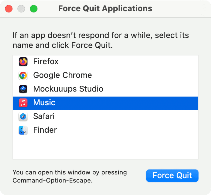 Force Quit Music app on Mac