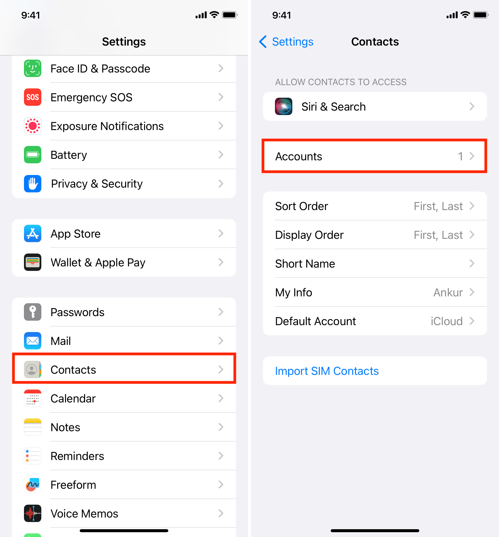 Go to Contacts and tap Accounts in iPhone Settings