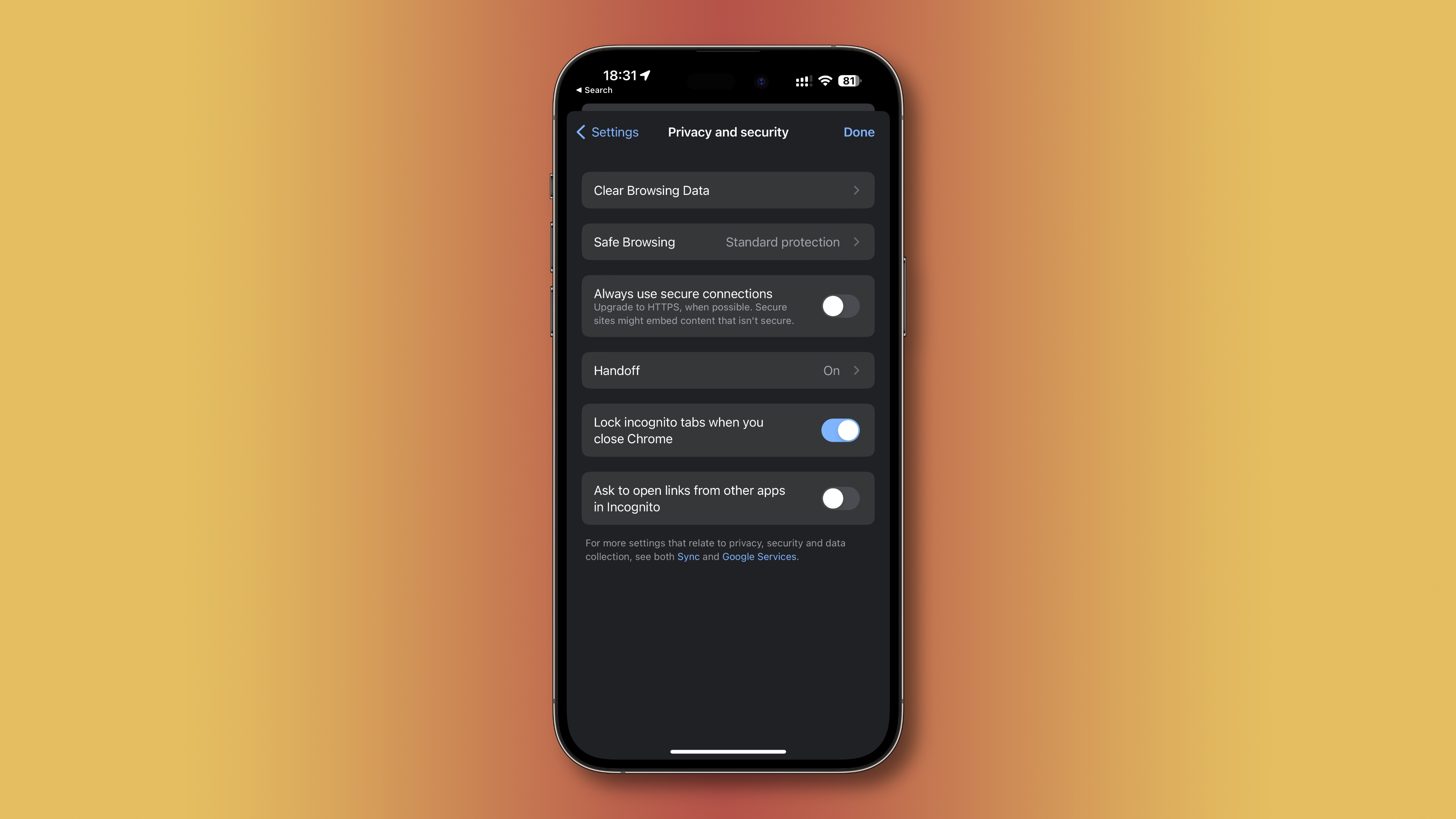 The settings toggle to require Face ID authentication to access Incognito in Chrome for iOS